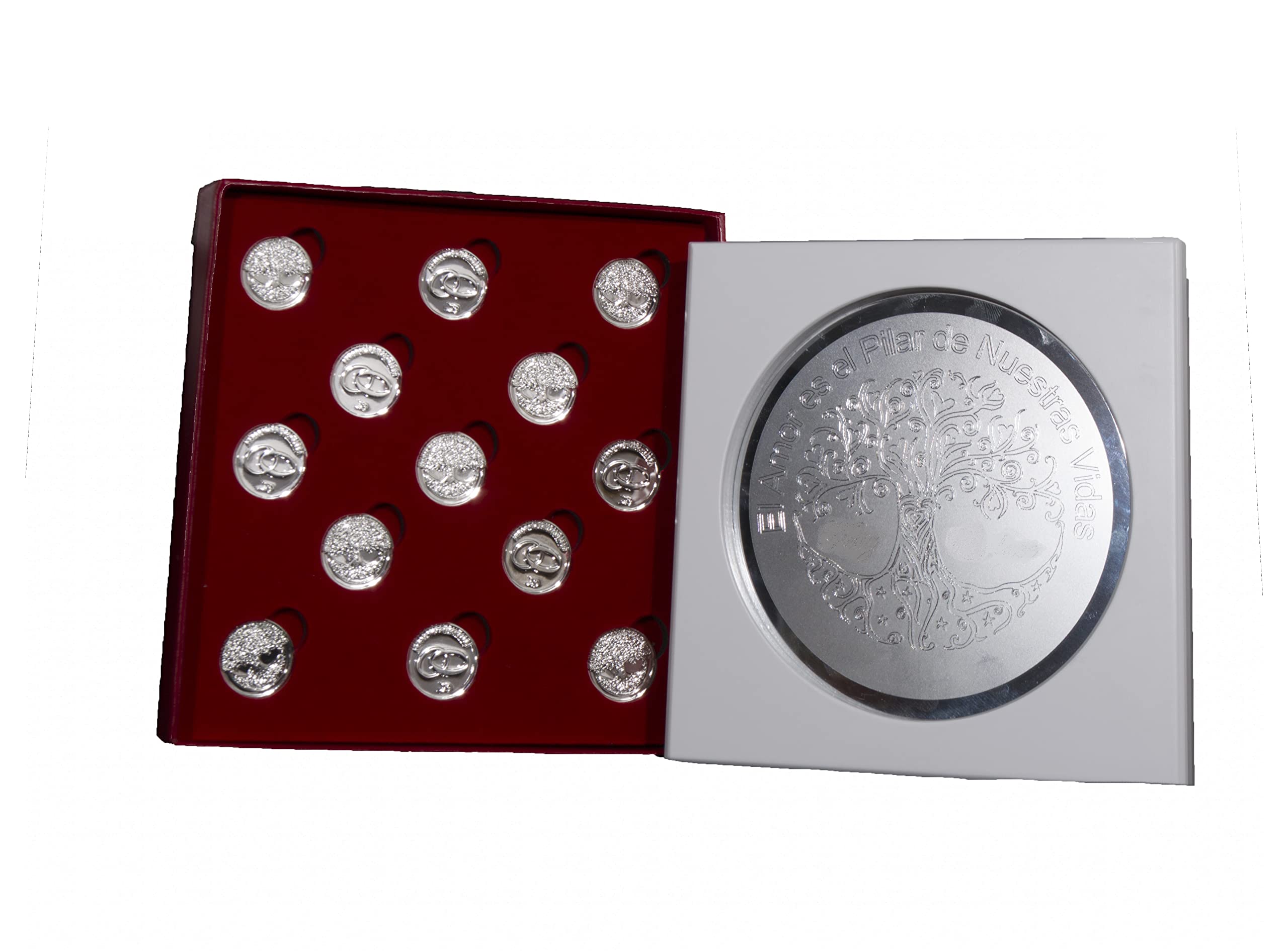 DOCOLASTRA Arras de la Vida © Personalizadas en Color Plata Brillante con Bandeja Convertible en Placa de Recuerdo y llevanza de Alianzas para Bodas y Enlaces.