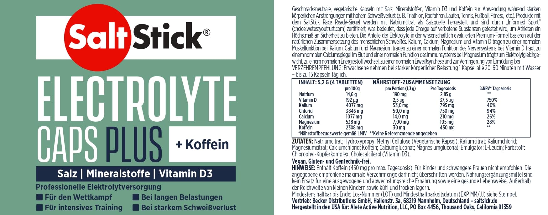 SaltStick Caps Plus Elektrolyt-Salz-Kapseln plus Koffein 100 Kapseln