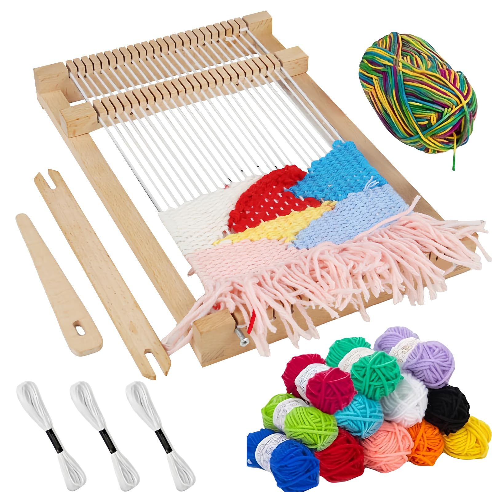GOEDCH Set di cornici in legno, 29 x 19 cm, telaio per bambini, 12 colori, per principianti e bambini, set di telai con 12 colori di lana, filato a catena, accessori in legno, per tessitura e design