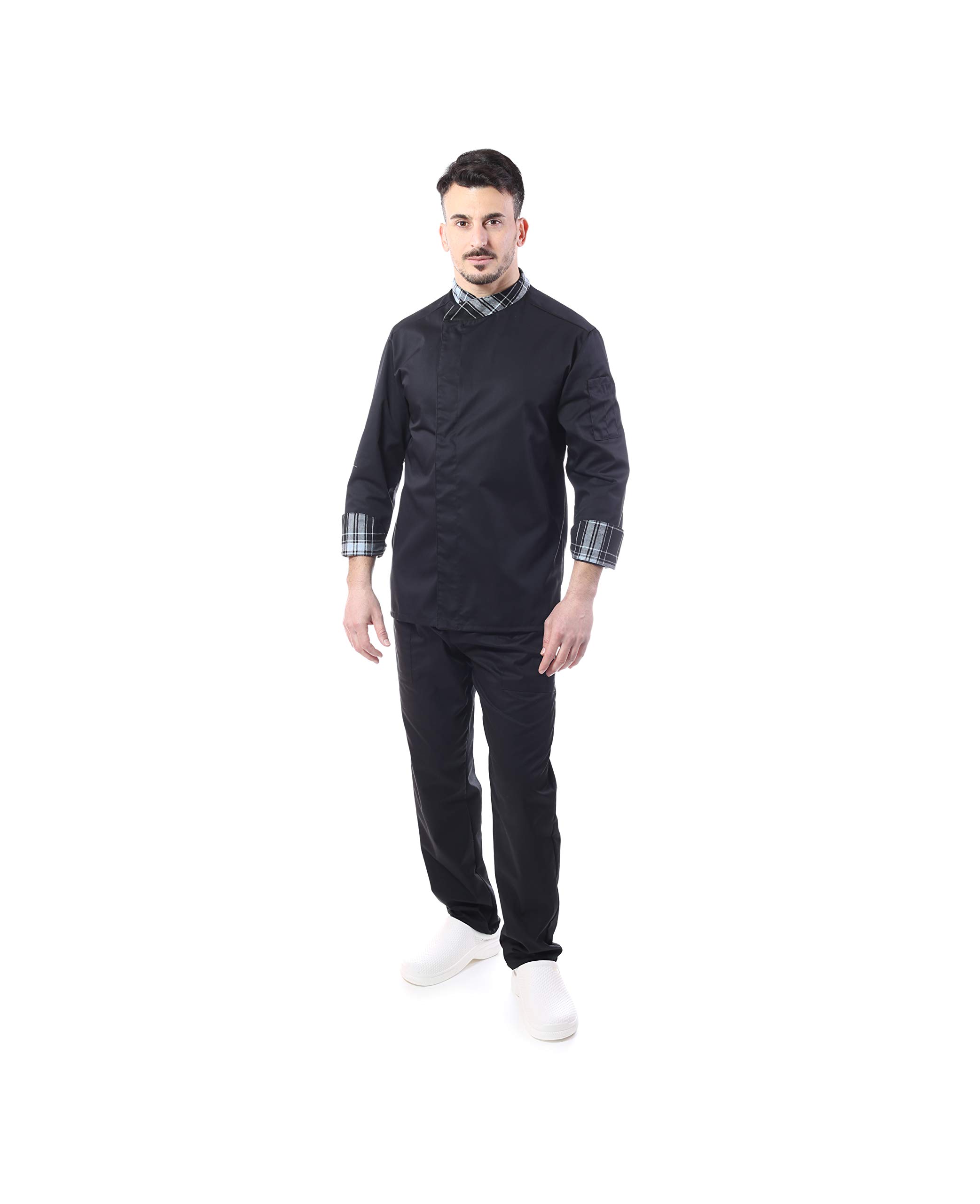 Bordado gratuito, conjunto de cocinero escocés, uniforme para hombre Chef, 4 piezas, chaqueta pantalón delantero, bandana, para cocina y restaurante, fabricado en Italia Scozzese