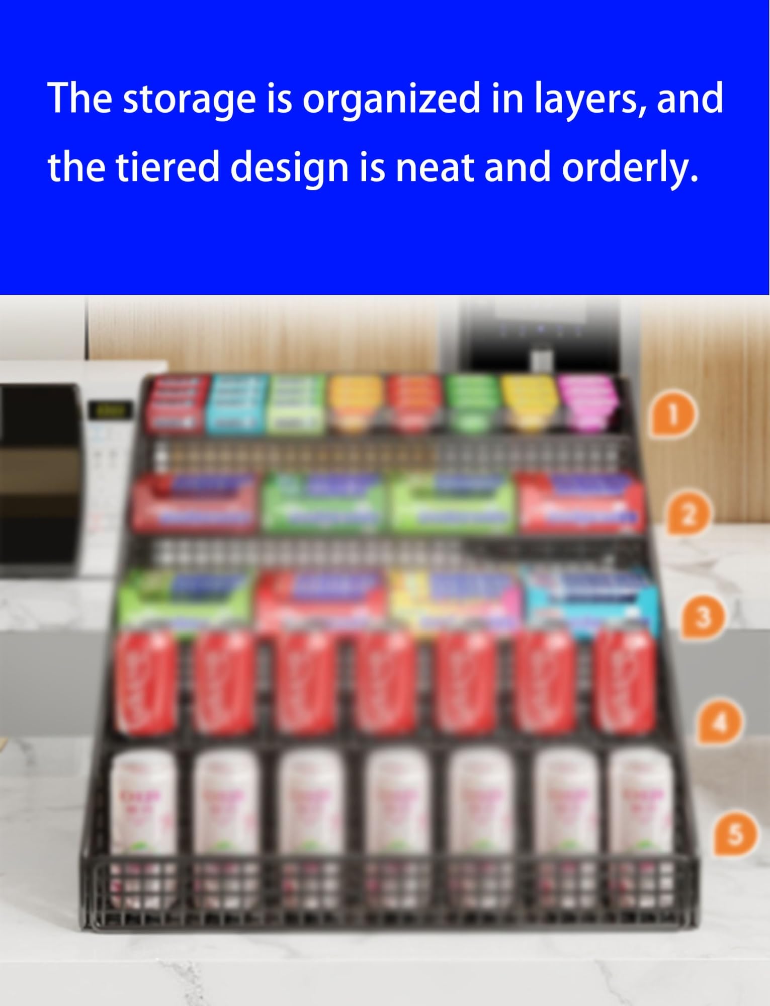 Espositore da banco a più livelli per gomme, sigarette e snack, organizer frontale salvaspazio per negozi al dettaglio, soluzione di merchandising efficiente