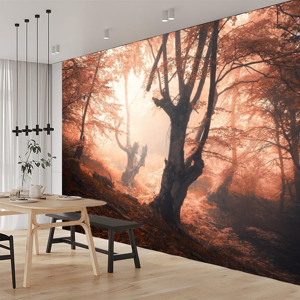 Mural de pared para dormitorio Árboles Del Bosque Otoño Vinilos de pared autoadhesivos grandes Niebla Póster para sala de estar habitación infantil fondo de TV 200x140cm