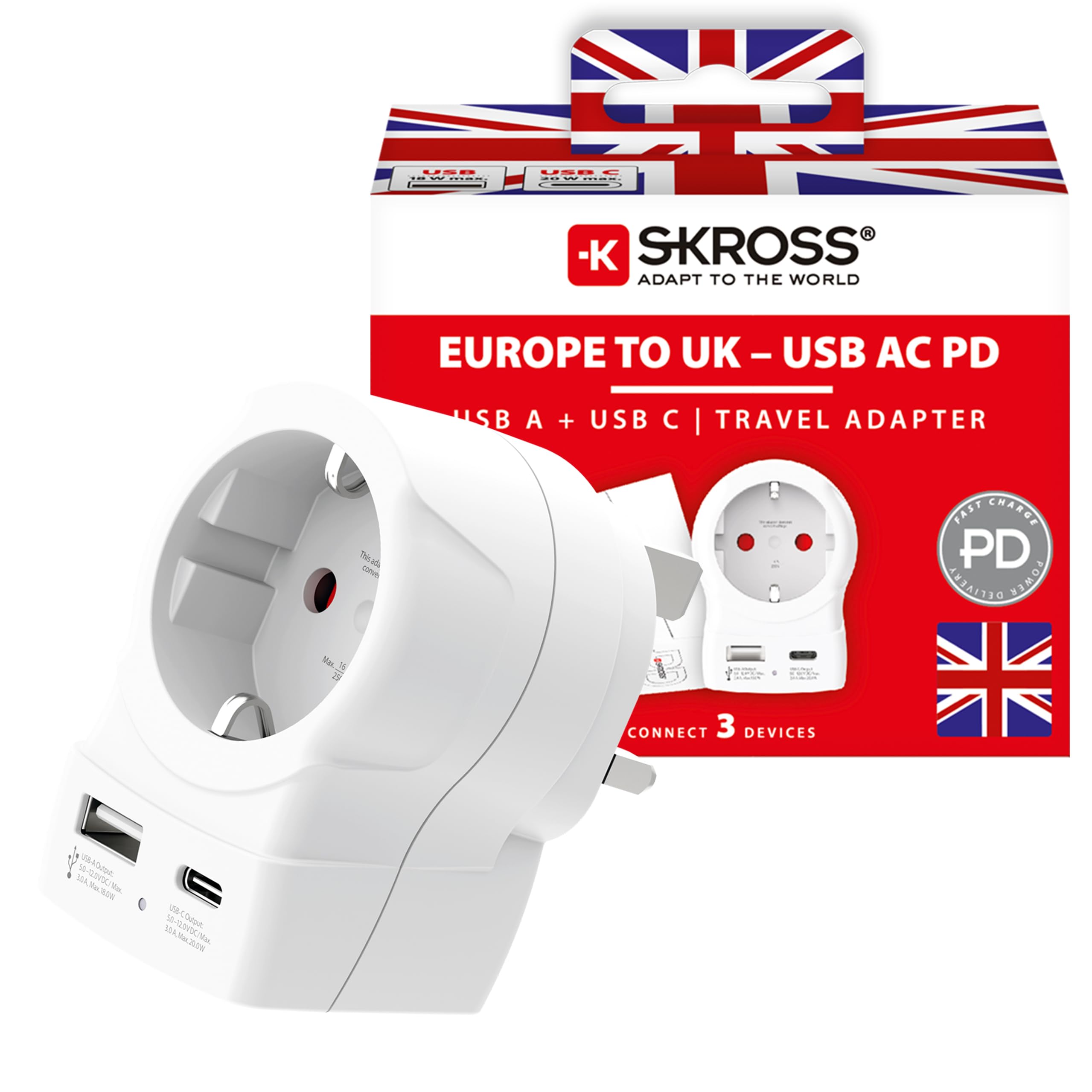 SKROSS Europe to UK USB AC20PD Travel Adapter
