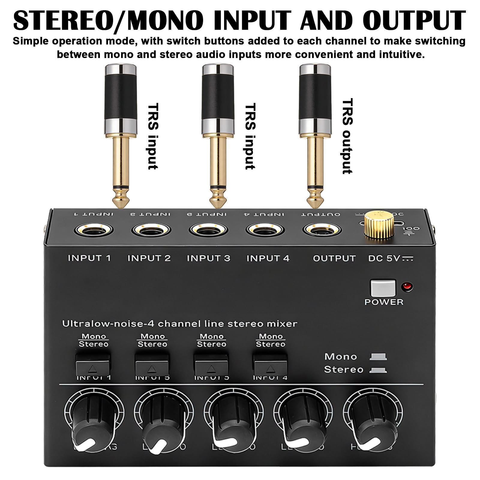 Mezclador de audio de 4 canales, mini mezclador estéreo activo, mesa de mezclas de audio, bajo ruido, control de volumen independiente, mesa de mezcla compacta para micrófonos, guitarras, bajos