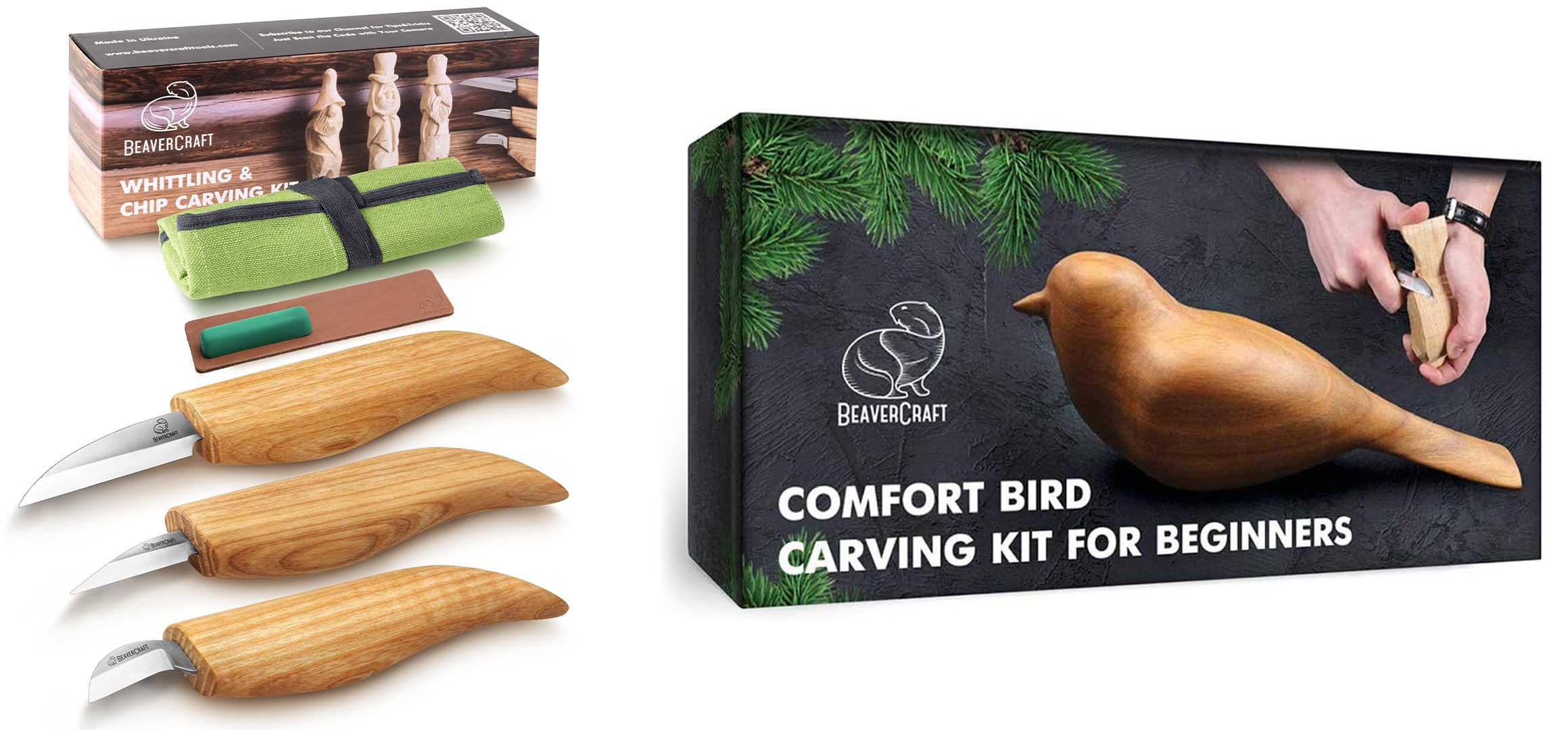 BeaverCraft Holzschnitzset Komfort-Vogel DIY01 mit Schnitzset S16 – Starter-Schnitzset für Anfänger & Kinder mit Messer & Buch plus Ergänzendes Schnitzmesser-Set mit Lindenholz-Blöcken
