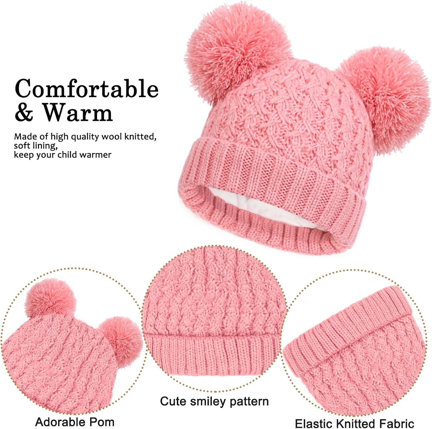Baynetin Set van 3 wintermuts, sjaal en handschoenen voor meisjes, warme pomponbeanie, muts, touchscreen-handschoenen, ronde sjaal, set met fleece gevoerd, voor jongens en meisjes van 2-8 jaar, lila