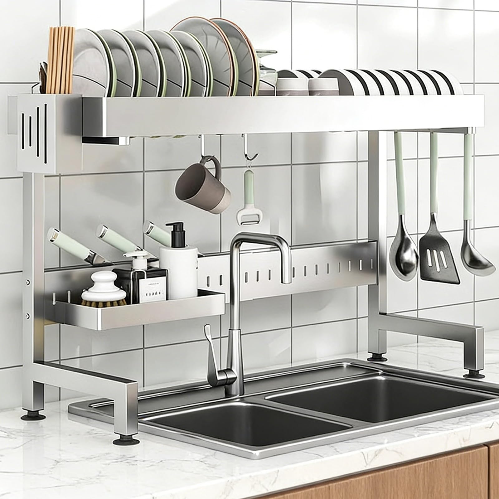 Escurreplatos de cocina ajustable de acero inoxidable para encimera que ahorra espacio (55 88 cm, 8,6 y 87,9 cm) para un secado eficiente y nizat