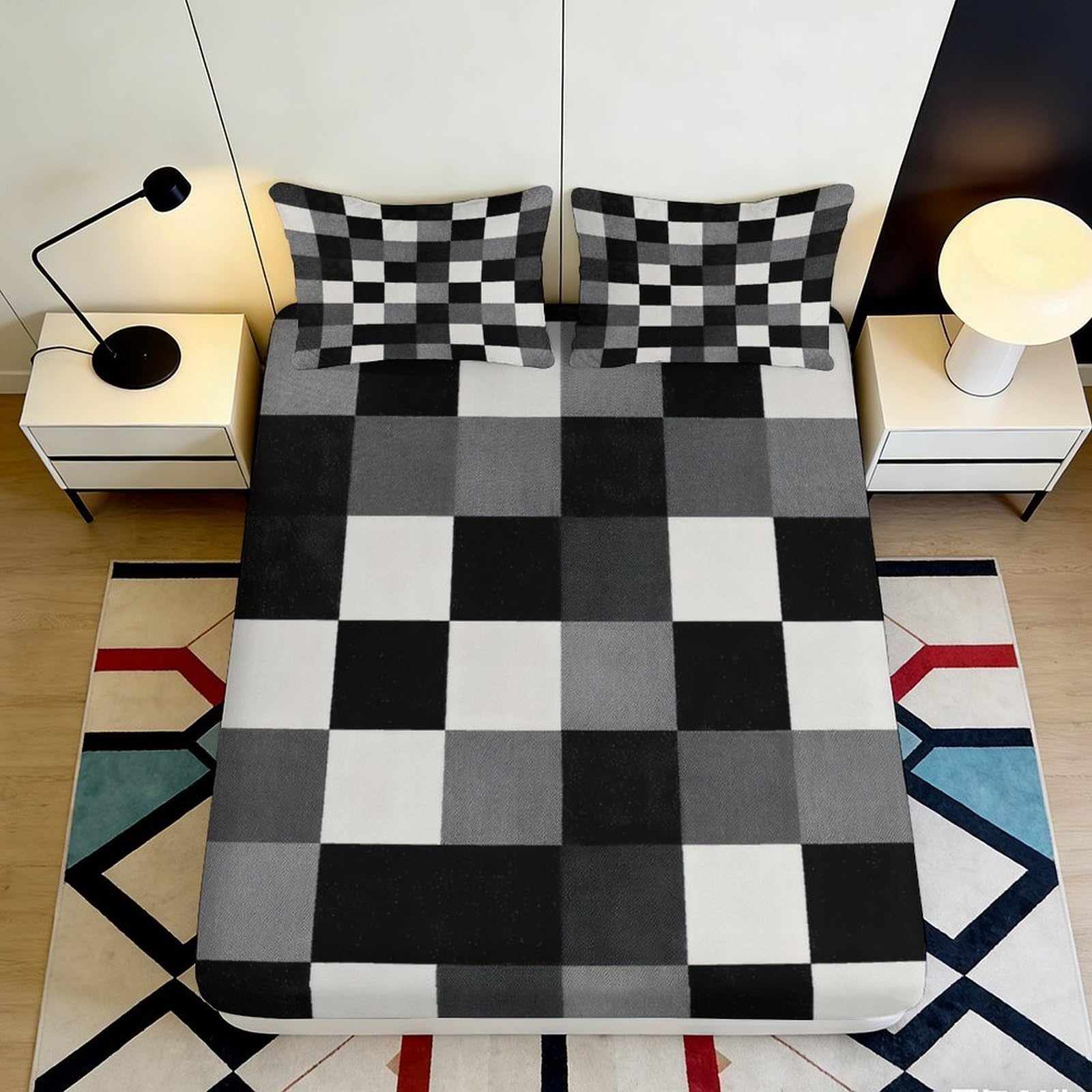 3D Printed Monochrome Check Fitted Sheet Microfiber Soft Breathable Geometric Block Bed Cover for Bedroom Dorm 90x200x25cm