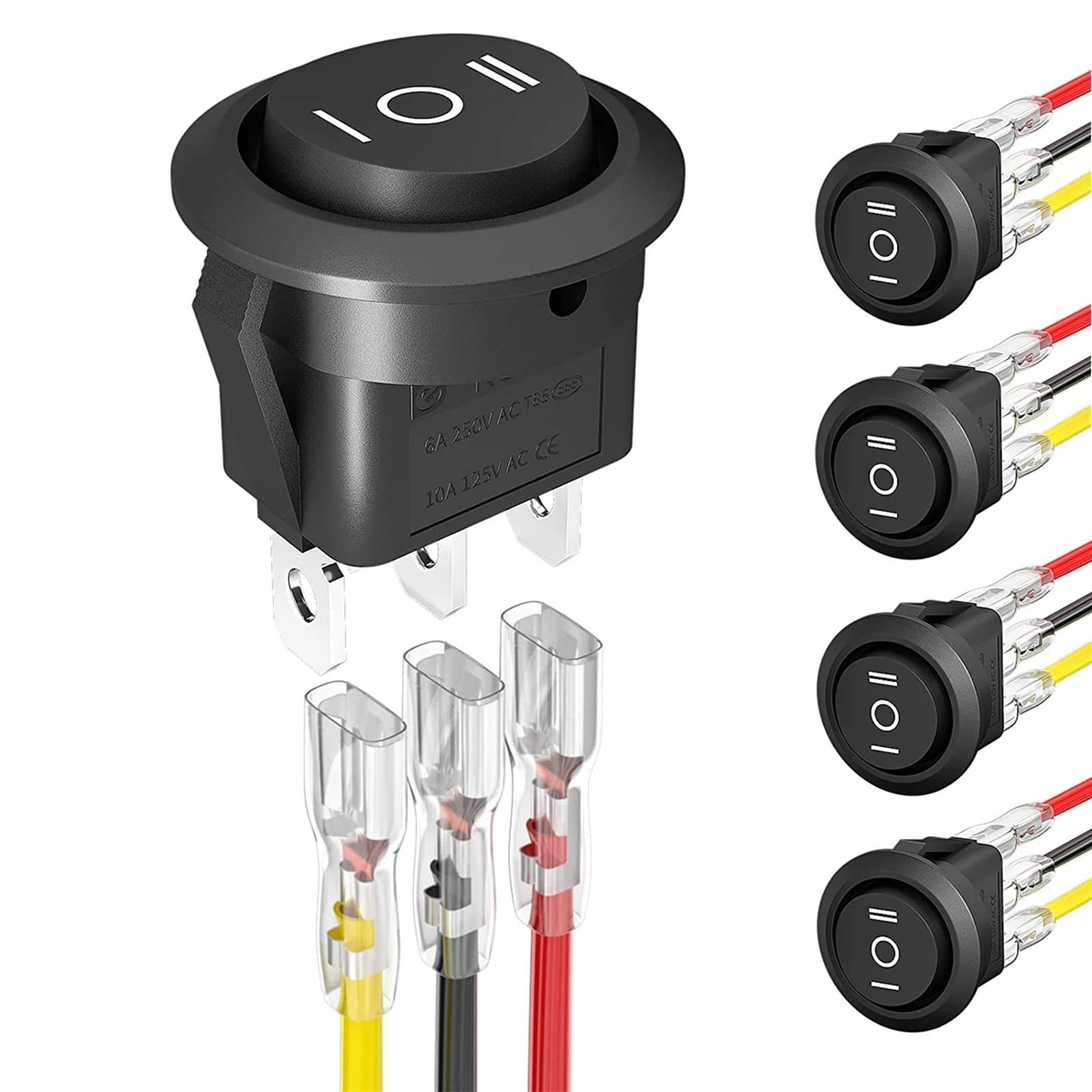 BKGWCSOR 5PCS Round KCD1 Rocker Switch 12V 3 Pin 3 Position ON Off ON 10A/125V DC SPDT Circle Toggle Switch with Wires for Auto Car Boat Switches
