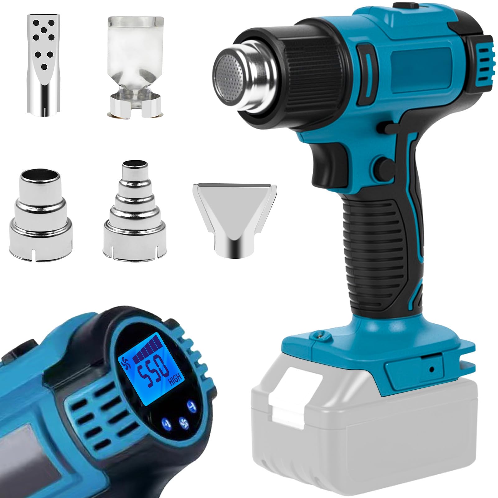 Heißluftpistole Kompatibel mit Makita 18V — Kabellose Heißluftgebläse mit LCD-Display, Elektrische Heißluftfön mit 5 Düsen und Einstellbarer Temperatur 50°C-550°C, für Basteln,Schrumpfen(Ohne Akku)