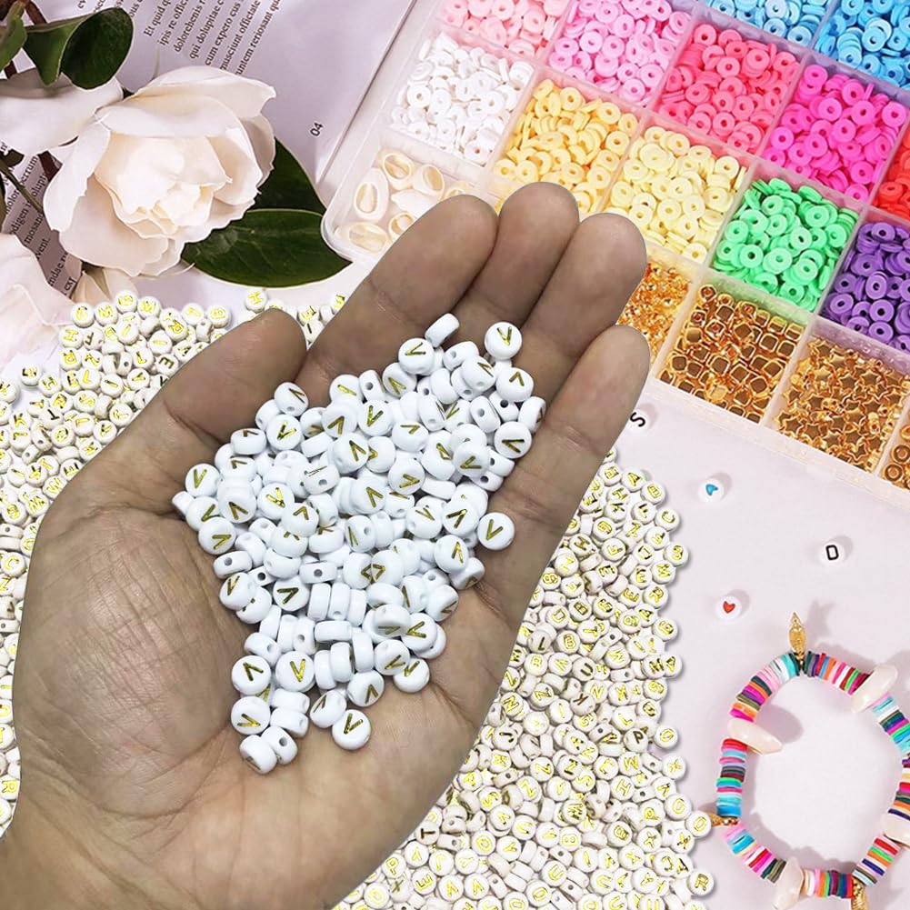 500PCS 4x7mm Acrylic Letter Beads V for Friendship Bracelets Jewelry Making White Flat Round Acrylic with Golden Alphabet Beads for DIY Crafts Bracelets Necklaces Key Chains Phone Lanyard - Image 3