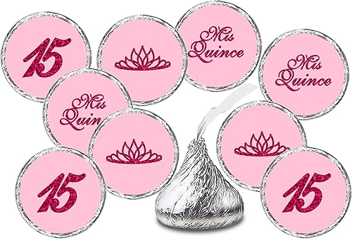 Mis membrillo rojo besos adhesivos (juego de 216), etiquetas de gotas de chocolate de quinceañera, 15 recuerdos de decoración de fiesta para besos.