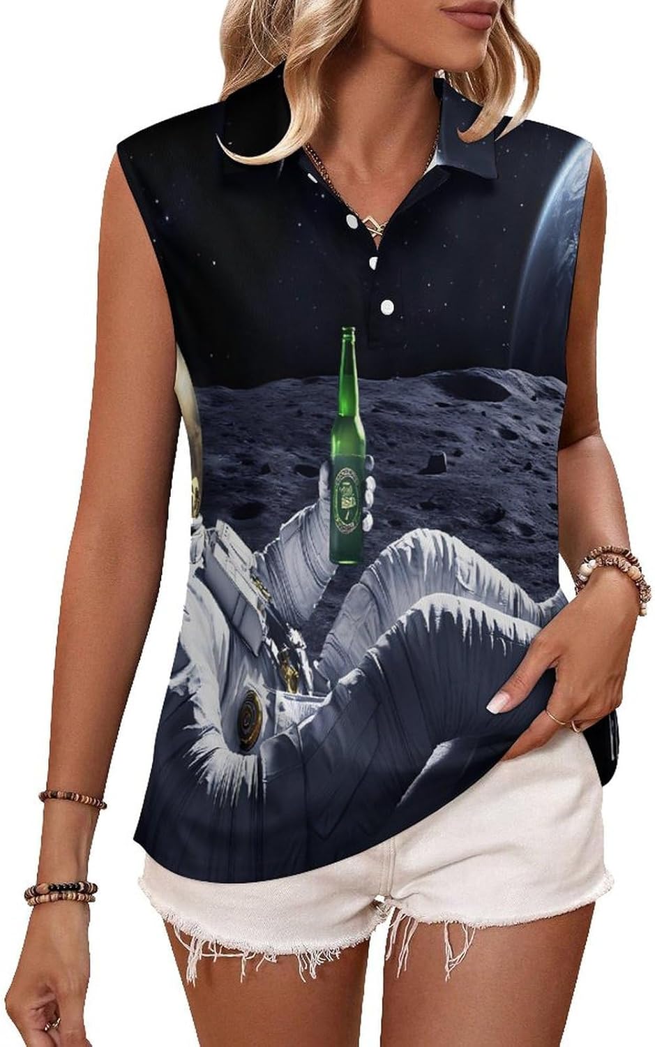 Astronaut Drinking Beer on Moon Womens Golf Shirts Print Polo Shirt Sleeveless Tank Top Casual Work Blouses