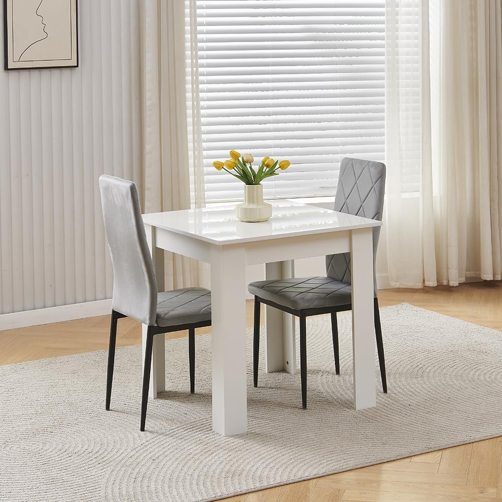 Homullel 75x75 cm Small Dining Table and 2 Chairs, 2 Seater Table and Chairs Set Kitchen Dining Room Set for 2, Compact, Space Saving, Wooden, Glossing Tabletop White (2 Seats, Flannel Grey #2) โ image 1
