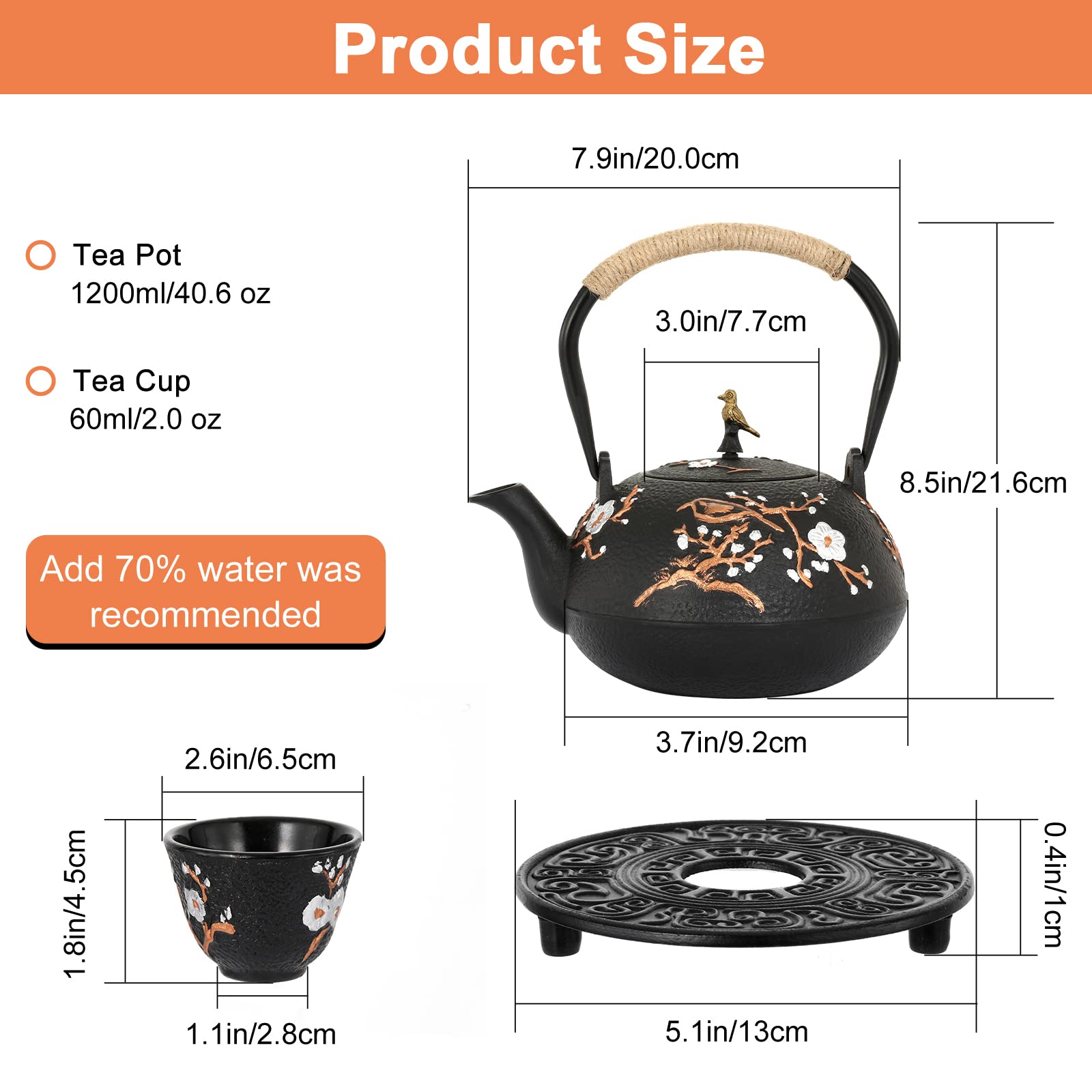 Dyna-Living Gusseisen-Teekanne, 1200 ml japanischer Tetsubin-Teekessel mit Teesieb, glänzende Emaille innen, Teekannenhalter, Heimgesundheit Eisentopf für Herd