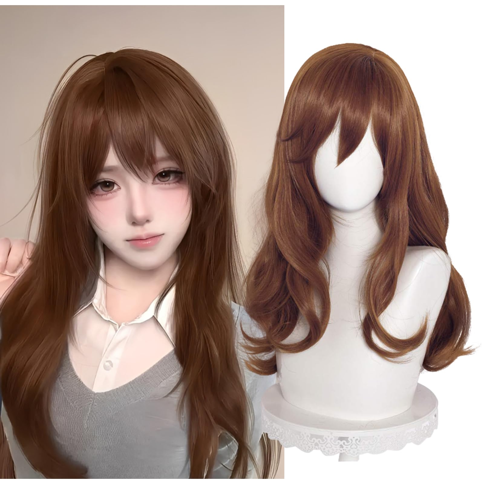 Aicos Anime Long Curly Brown Cosplay Wig for Women Deep Wave Curly Wig for Daily Costume Cosplay+ Free Cap