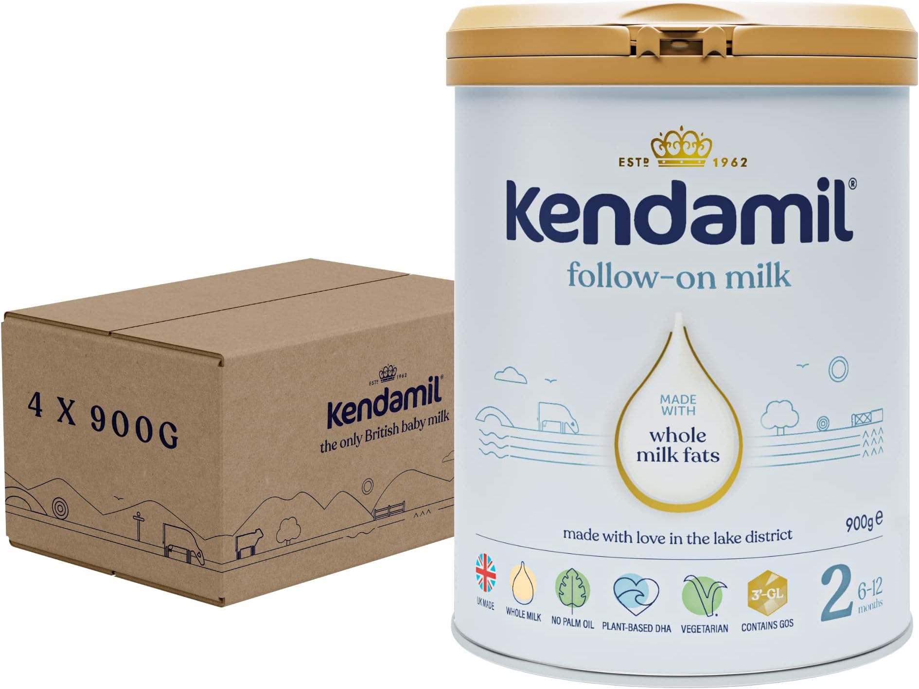 (4x900g) Kendamil Follow-On Milk 4-Pack, Stage 2, 6-12 Months – British Made, Whole Milk Formula – Vegetarian, No Palm Oil, No GMOs – with Omega 3 DHA, Omega 6 ARA and Prebiotics