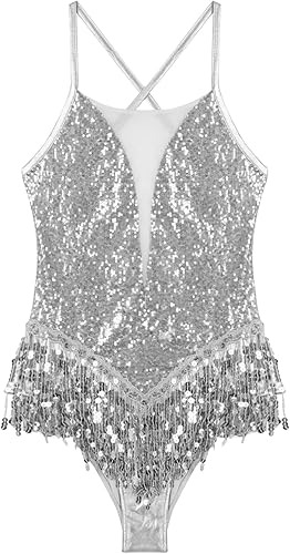 Miniatura 5 de Aislor Body de lentejuelas brillantes con borlas para mujer, leotardo de baile latino, Samba Rumba, overol de rendimiento