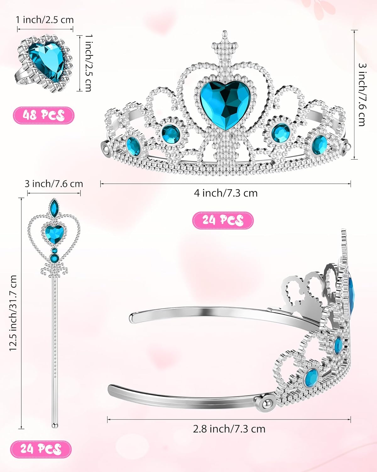 96 Pcs Princess Pretend Party Costume Dress up Play Set Includes 24 Crown Tiaras, 24 Star Wands, 48 Pcs Little Girl Jewel Rings, Princess Girls Party Favors Costume Play Set for Little Girls (Cute)
