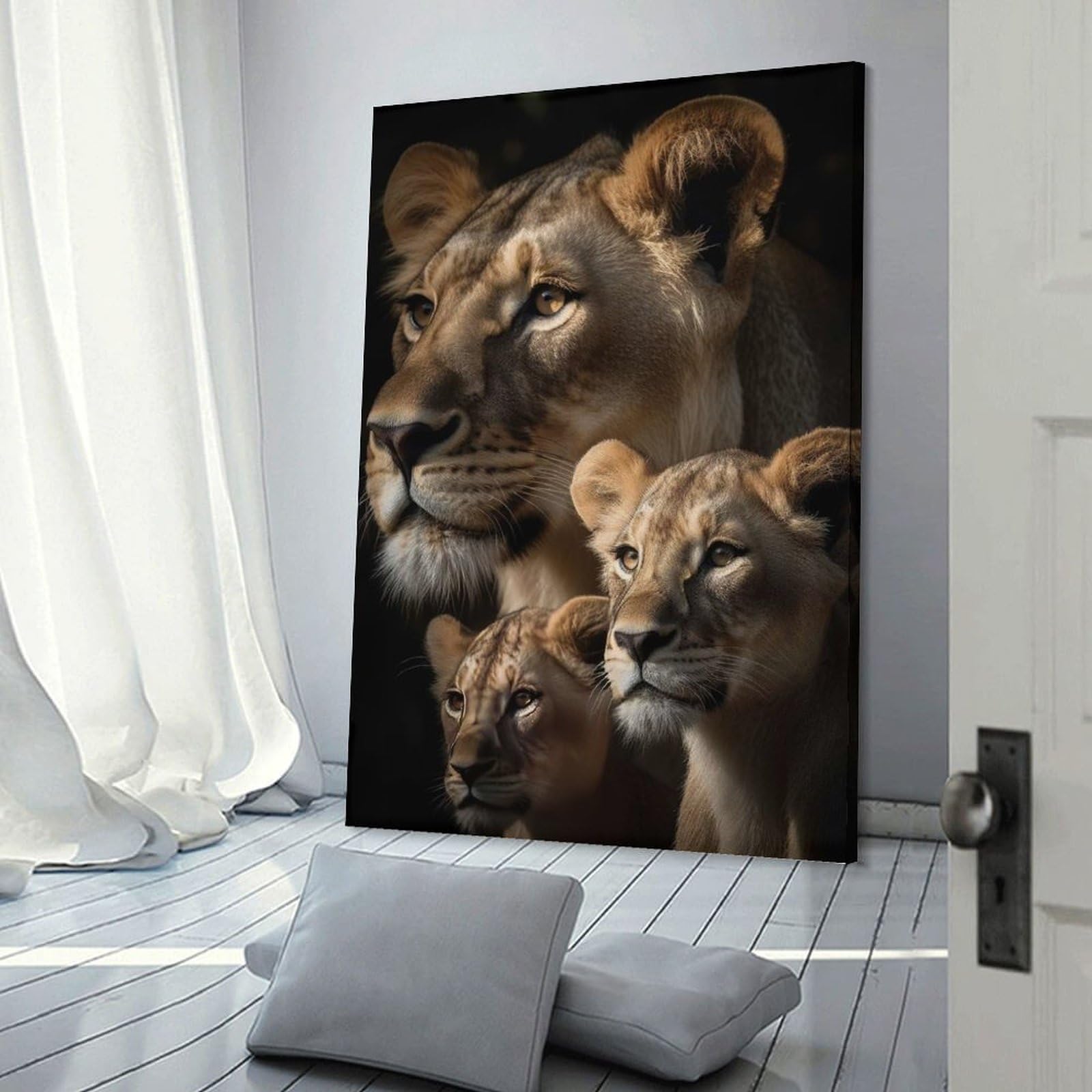 Junmoney Lioness With Cubs Portrait Wall Picture Print 20x30inch(50x75cm), for Hallway, Lounge Or Guest Room, Gift Idea for Housewarming And Birthdays