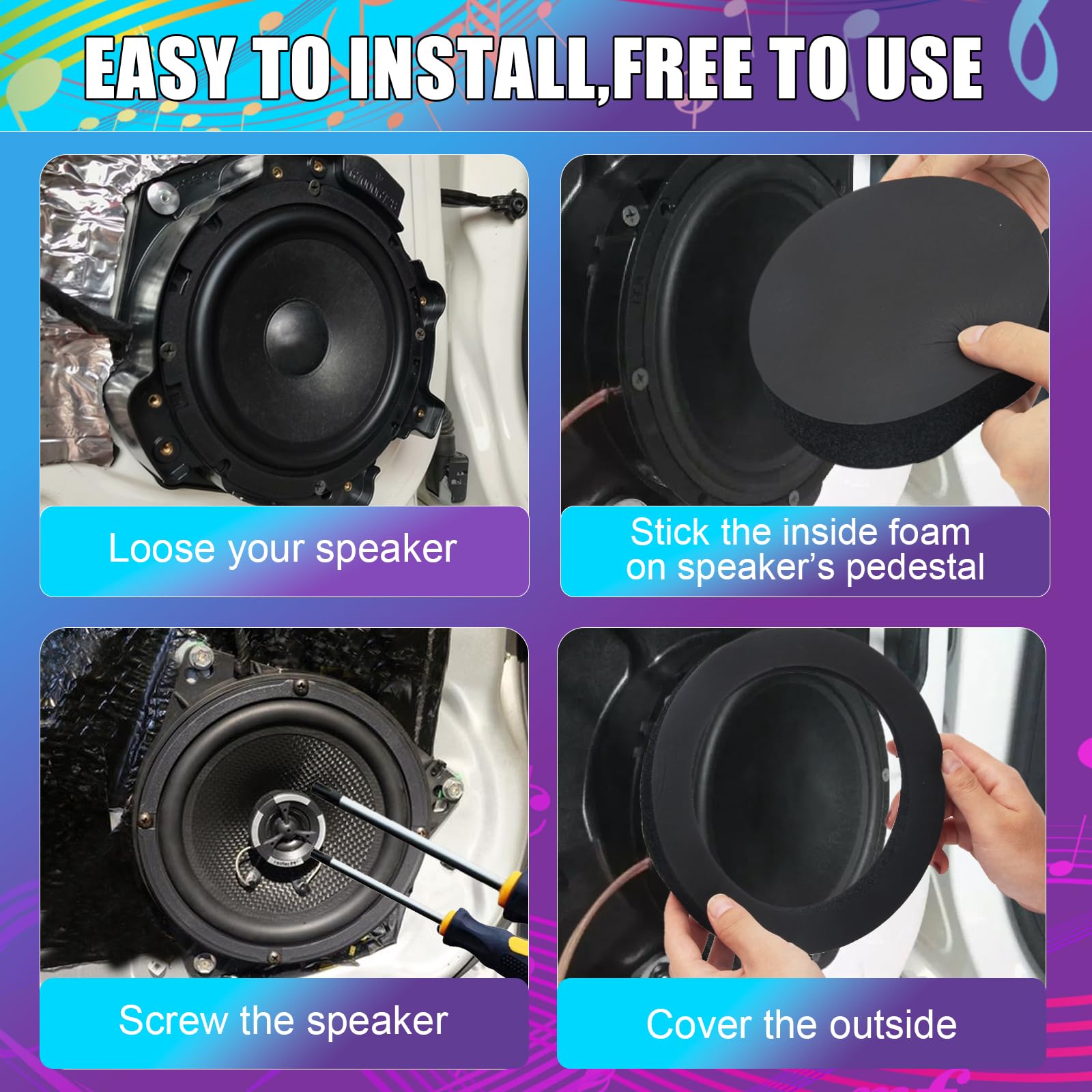 Kit D'amélioration Audio Pour Voiture - Anneaux En Mousse Pour Haut-parleurs 16.5 Cm (diam. ~19.5 Cm) - Isolation, Réduction Vibrations, Meilleure Clarté Sonore - 7