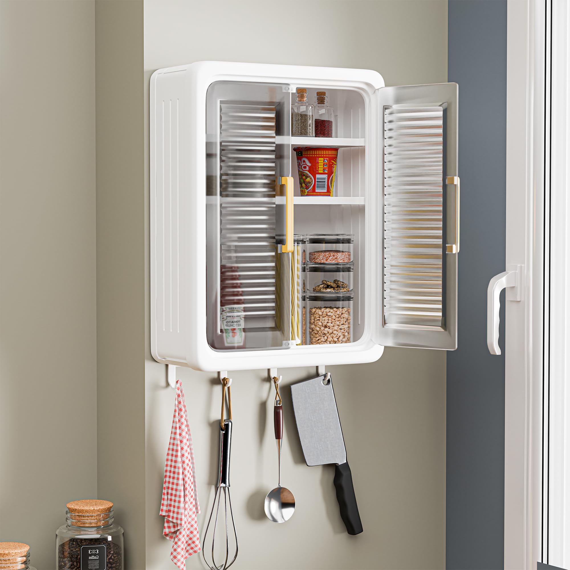 Kuber Industries Plastic Wall Mounted Storage Cabinet for Kitchen and Bathroom Organizer with Adjustable Shelves & Door| Self-Adhesive No-Drill Bathroom Cupboard | Black & White-image-30
