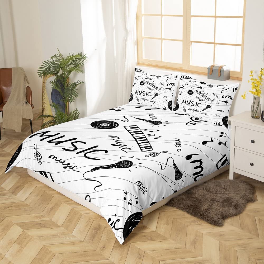 Loussiesd Set di biancheria da letto con note musicali in bianco e nero, per ragazzi e ragazze, con copripiumino e microfono in vinile, per letto singolo