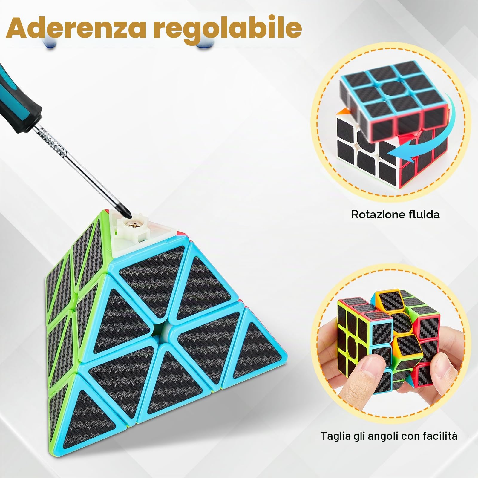 Coolzon Speed Cube Set, 5 Pack Magic Cubes 2x2 + 3x3 + 4x4 + Pyraminx + Megaminx Cubo Magico per Bambini Adulti Puzzle Cubes con Adesivo in Fibra Carbonio