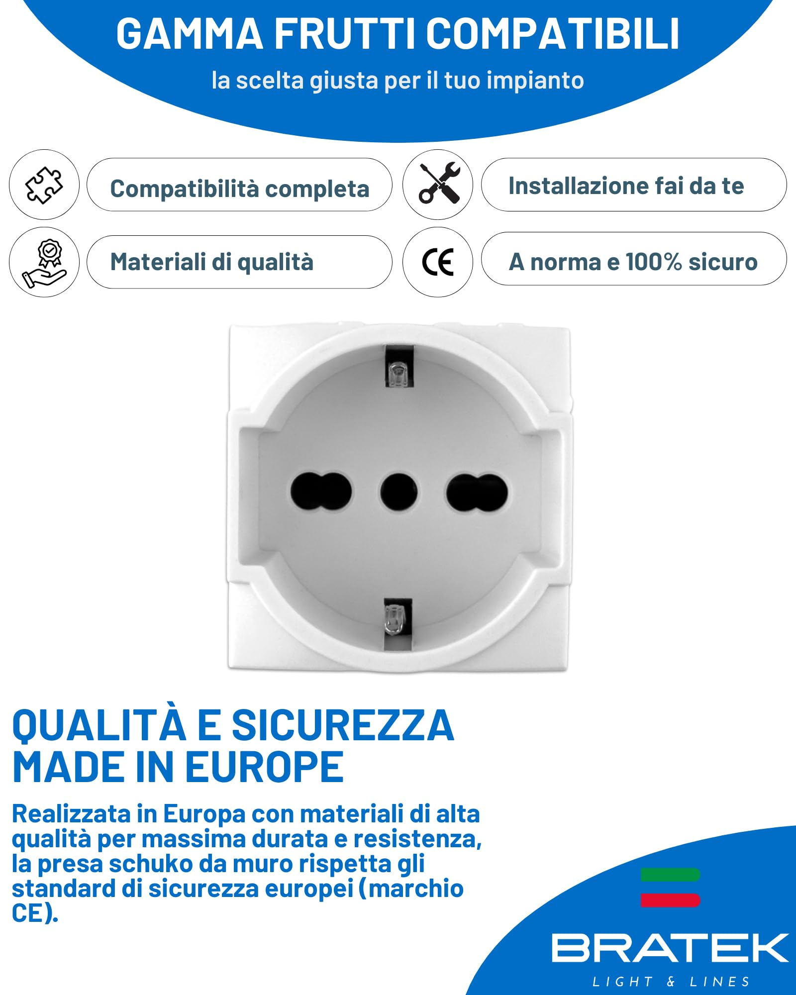 Bratek 2 Prese Schuko Compatibili Bticino Living Light e International 2P+T 10/16A - Presa Elettrica da Muro Tedesca + Bipasso Italiana Bianco per Supporti B Ticino Livinglight e Living International