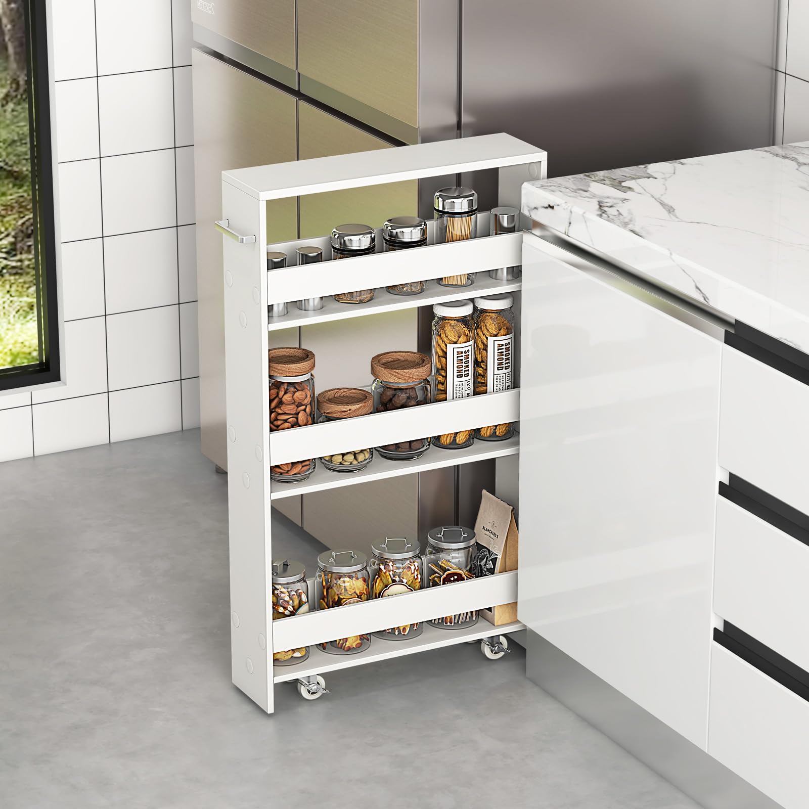 KOMFOTTEU Carrito de Cocina de 4 Niveles, Carro Auxiliar Estrecho con Ruedas, Estante Nicho con Asa, Mueble de Almacenaje Ahorra Espacio para Cocina, Baño, Oficina, 47,5x13x80,5cm (Blanco)