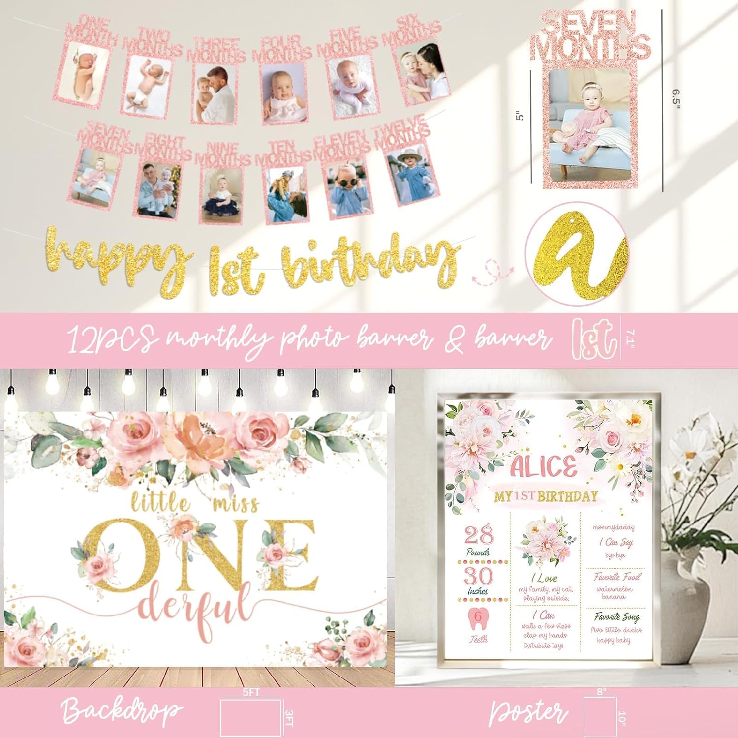 Baby Girl 1st Birthday Decorations, First Birthday Decorations for Girl, Little Miss Onederful Backdrop Balloon Banner Boxes Crown for Pink One Year Old Birthday Party Supplies
