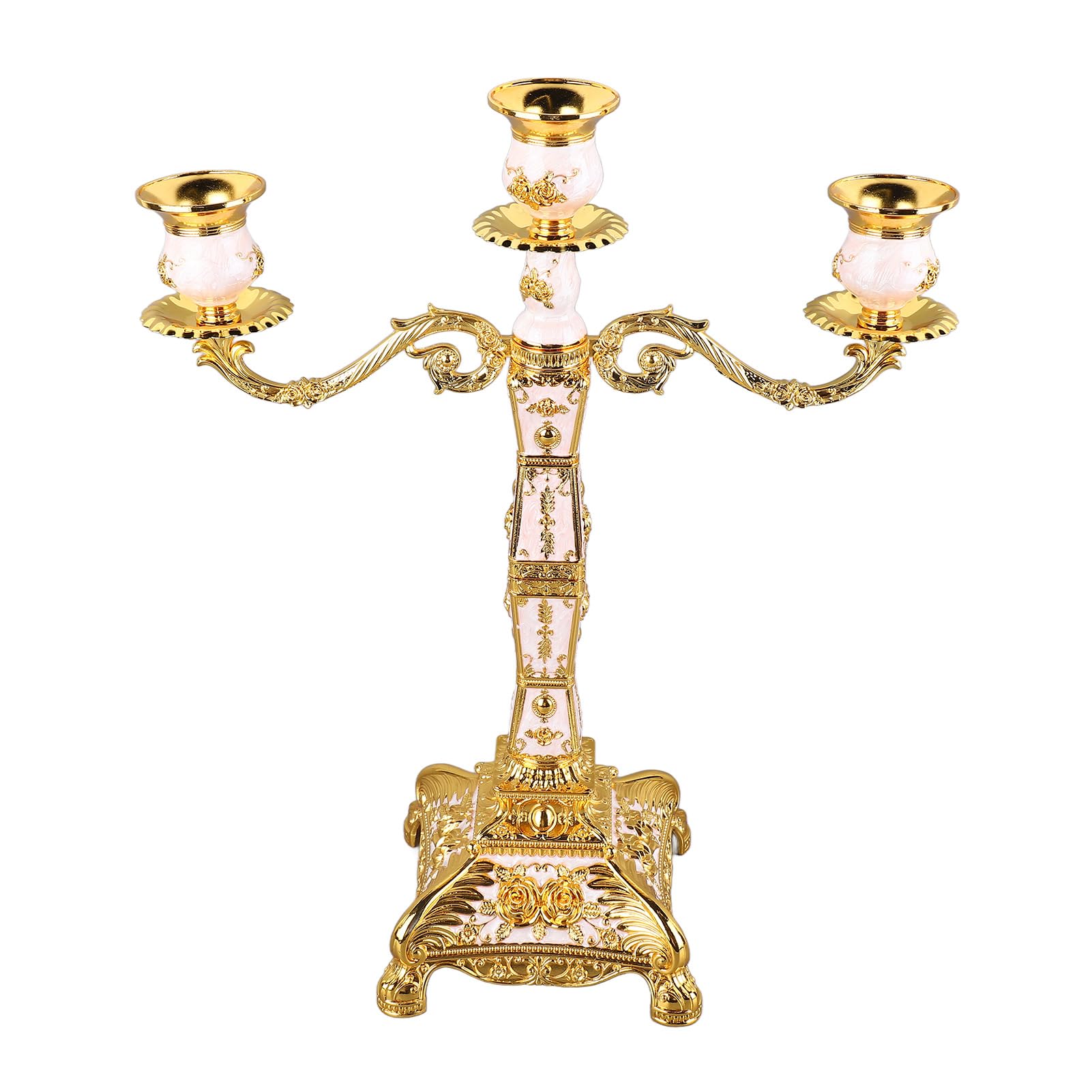 Metallkandelaber im europäischen Stil, Kerzenhalter mit Metallarmen, romantischer, eleganter Kerzenhalter für Hochzeit, Esstisch, Party, Heimdekoration (DREI Köpfe in Gold und Weiß)