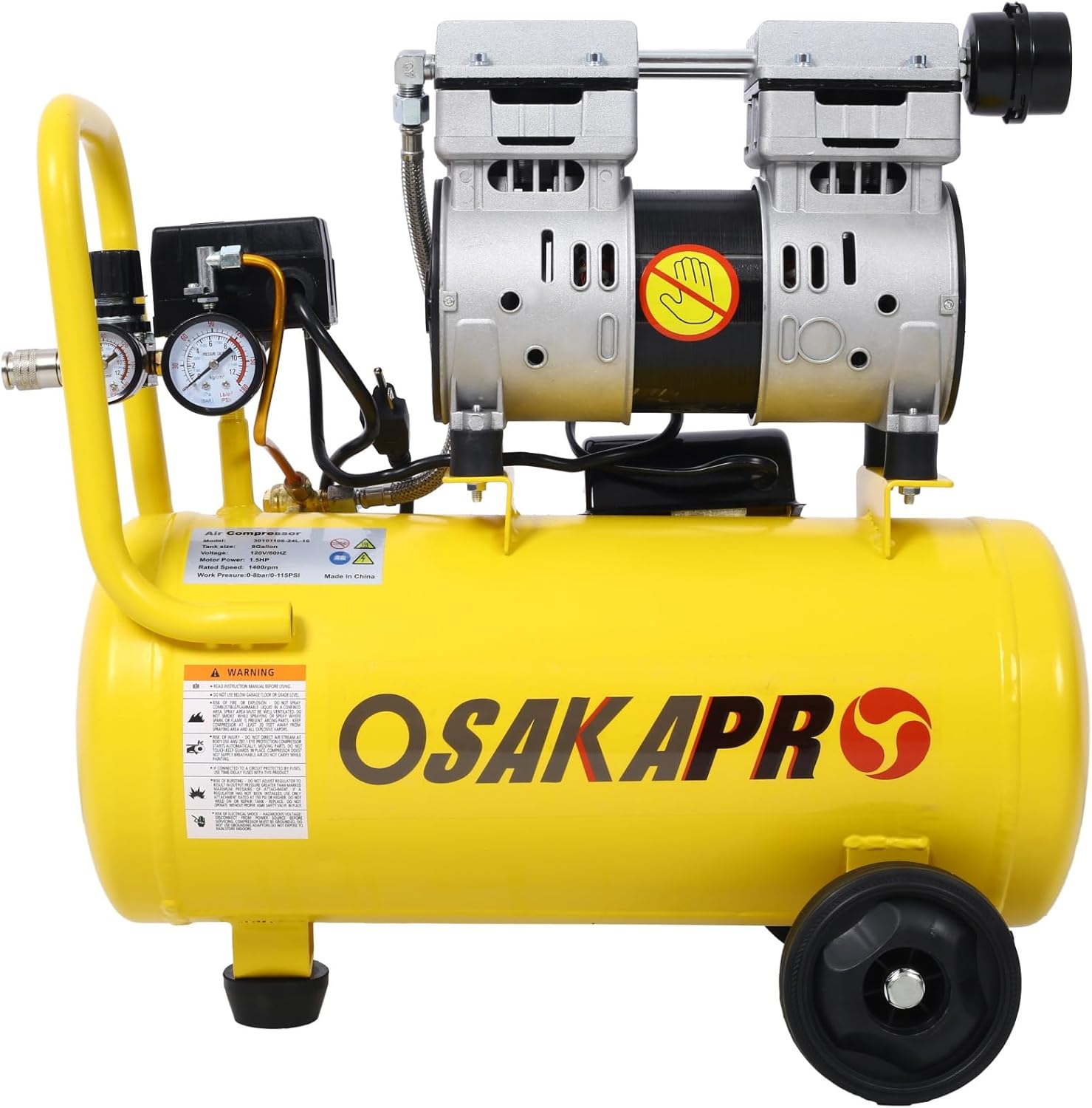 1.5HP Silent Oil-Free Air Compressor 8 Gallon, Oil-Free, Electric Shop Air Compressor Portable,Lightweight with Wheels, 70 dBA Noise Level, with Automatic Drain Valve,Yellow