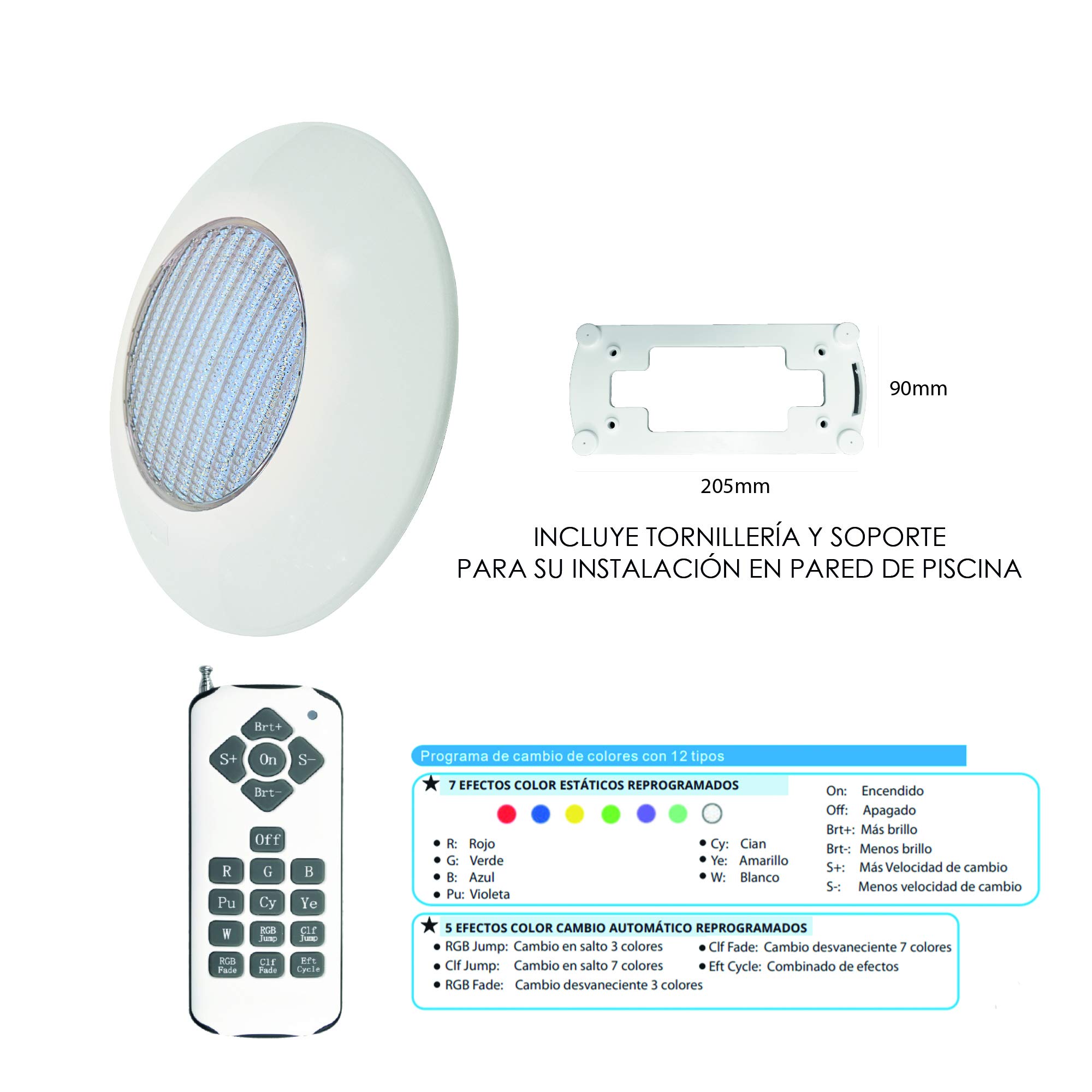 Foco Piscina Led 25W RGB 12 Colores Pack 2 + Mando - Instalación en Superficie de Piscina 2250 lumens Alta luminosidad - Slim Plus Nuevo DISEÑO Multicolor con tecnologia RGB - 12V Ø205 x 90mm