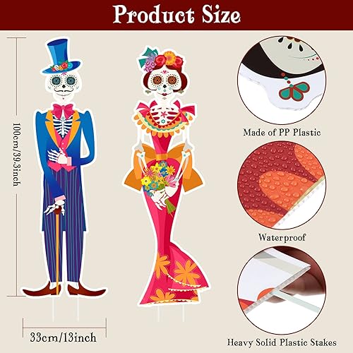 Miniatura 2 de Namalu Paquete de 2 carteles de Día de los Muertos para patio al aire libre, decoraciones de césped con calavera de azúcar con estacas para fiesta