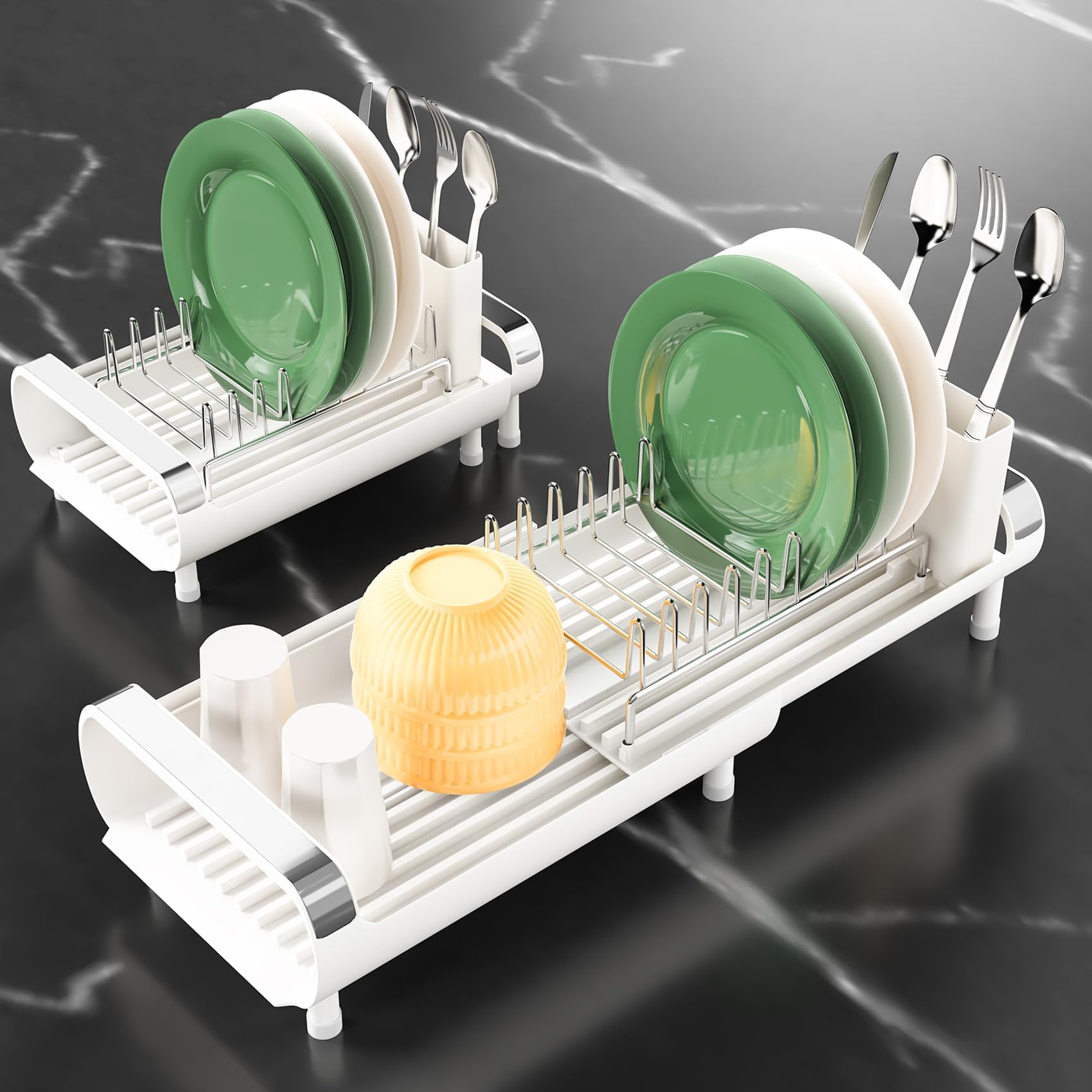 Dish Drying Rack, Expandable Dish Racks for Kitchen Counter, Small Kitchen Drying Rack with Removable Cutlery Holder, White