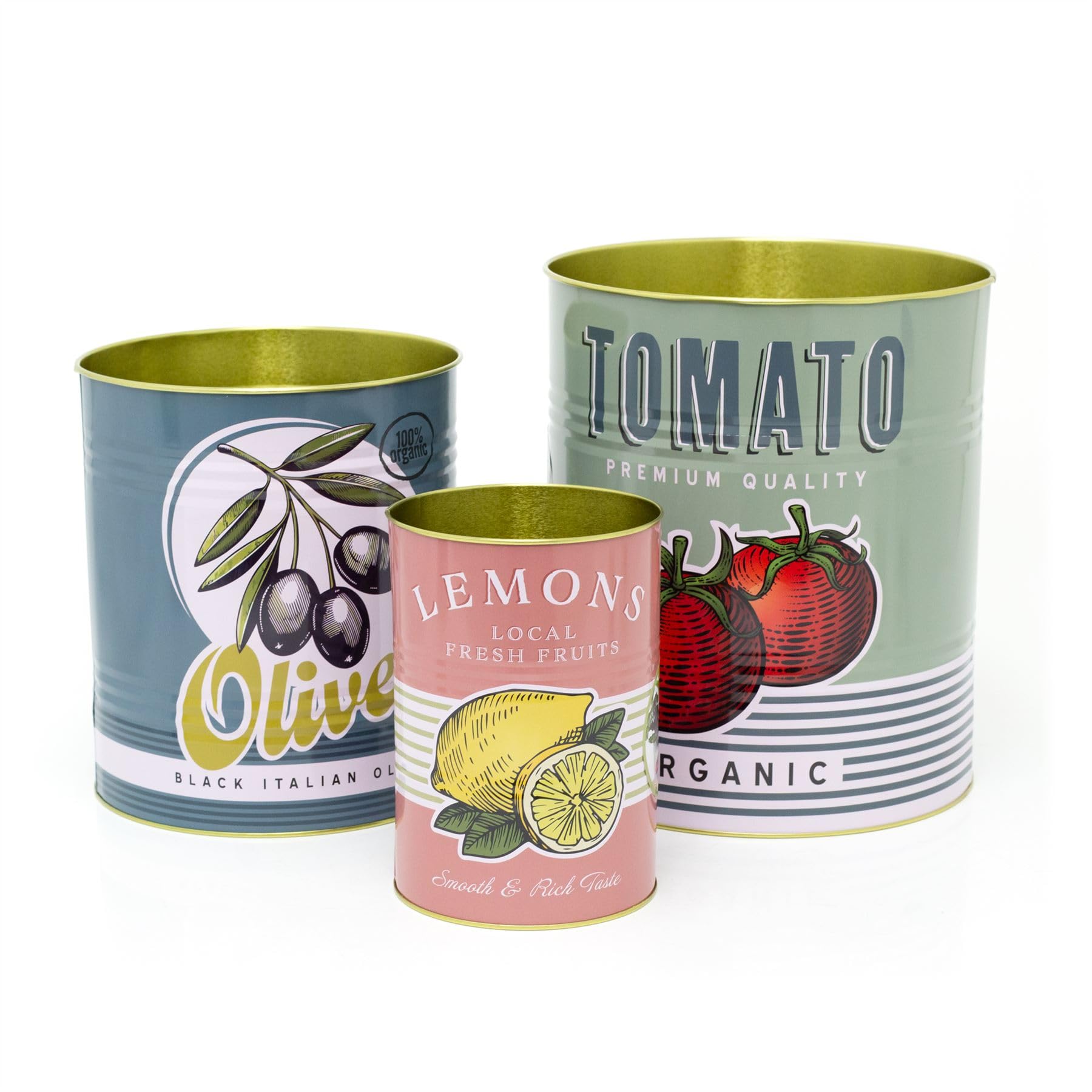 Large Set of 3 Decorative Retro Storage Tins | Vintage-Style Tomato, Olive and Lemon Food Can Replicas | Colourful Metal Containers for Storage or Home Decor