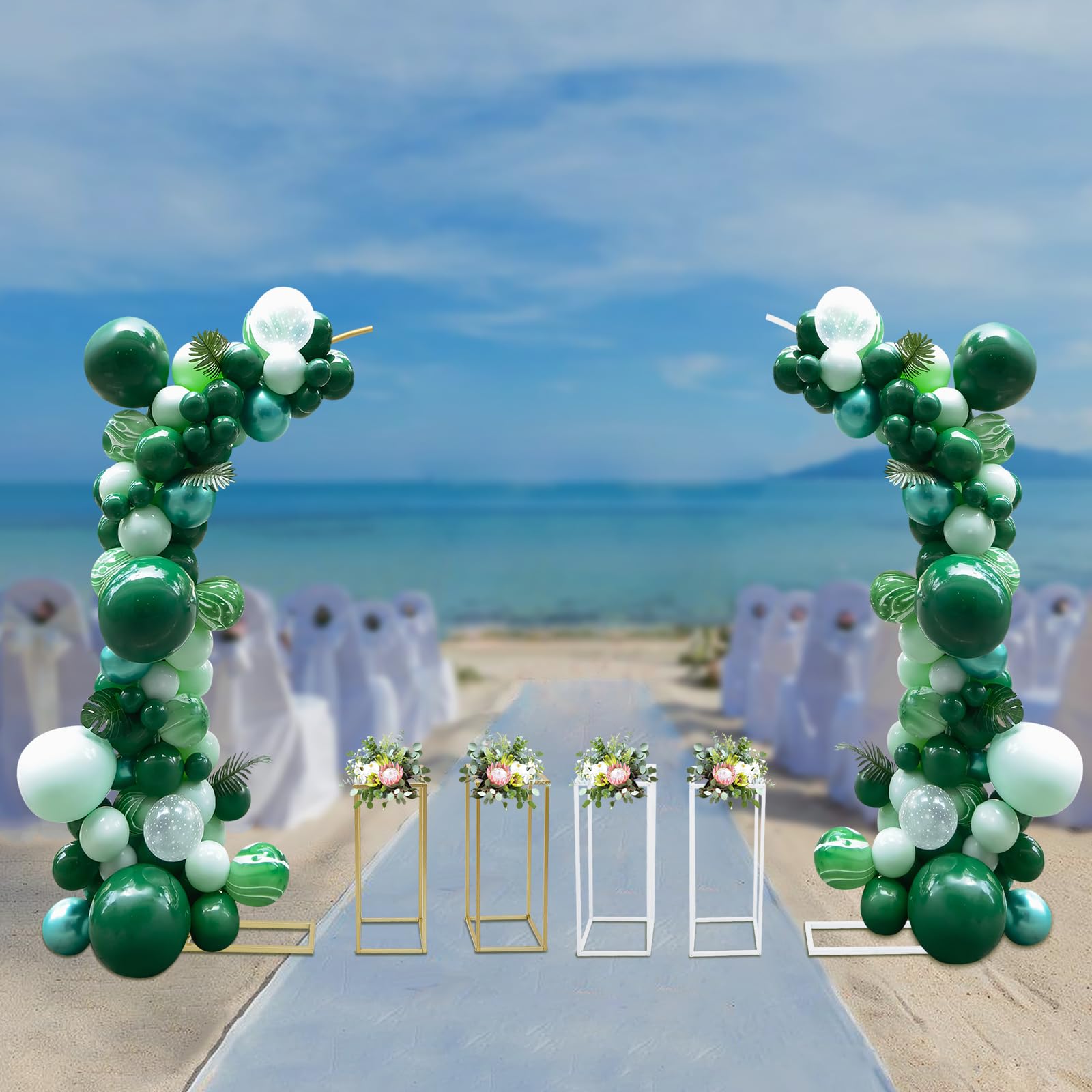 Soporte de arco para globos y 2 soportes para flores, soporte de fondo para fiestas, bodas, arcos, centros de mesa de metal para bodas (2 soportes rectangulares pequeños (blanco))
