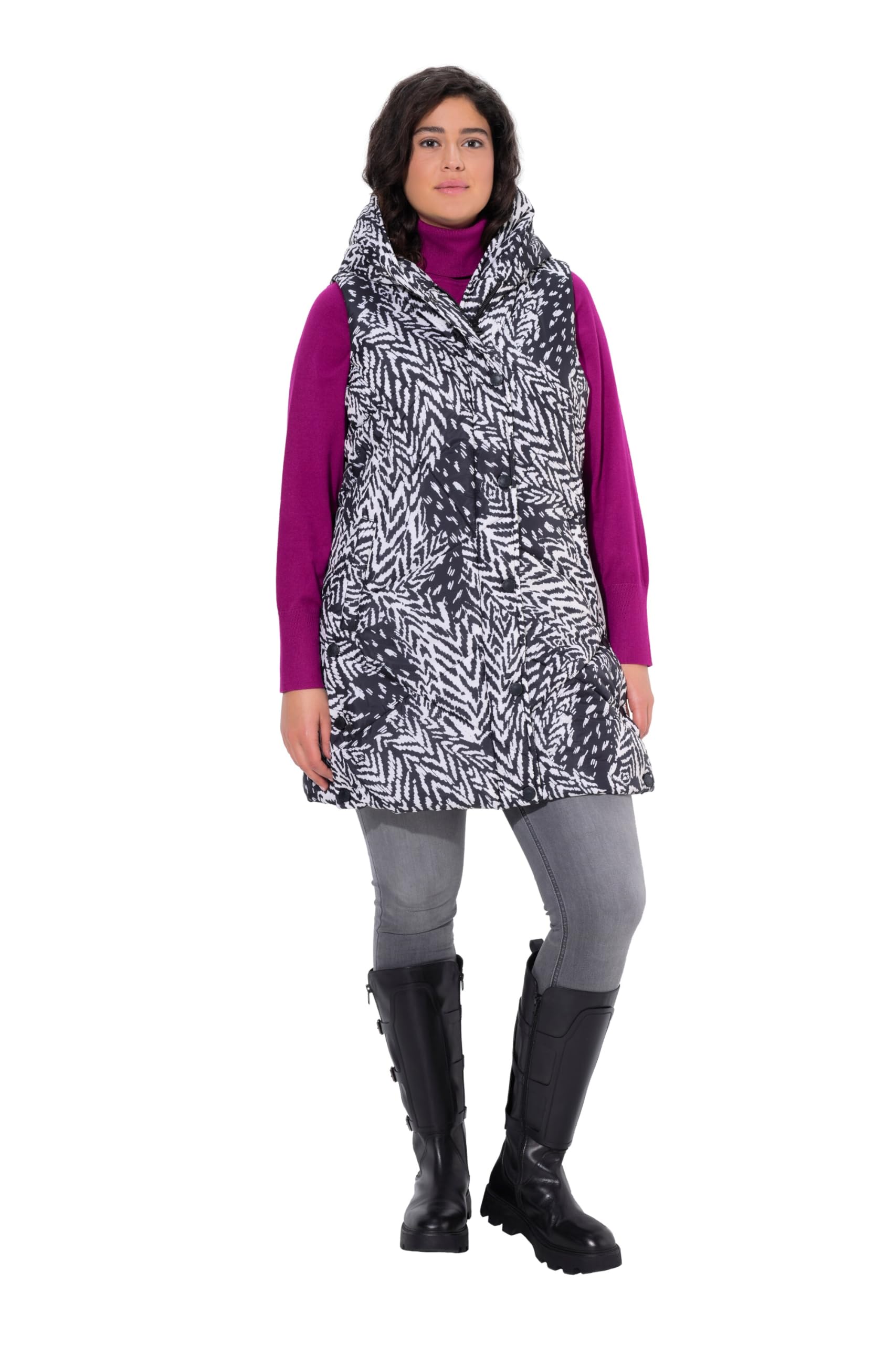 Ulla Popken Damen große Größen Übergrößen Plus Size HYPRAR Long-Steppweste mit Druck, wasserabweisend 838435