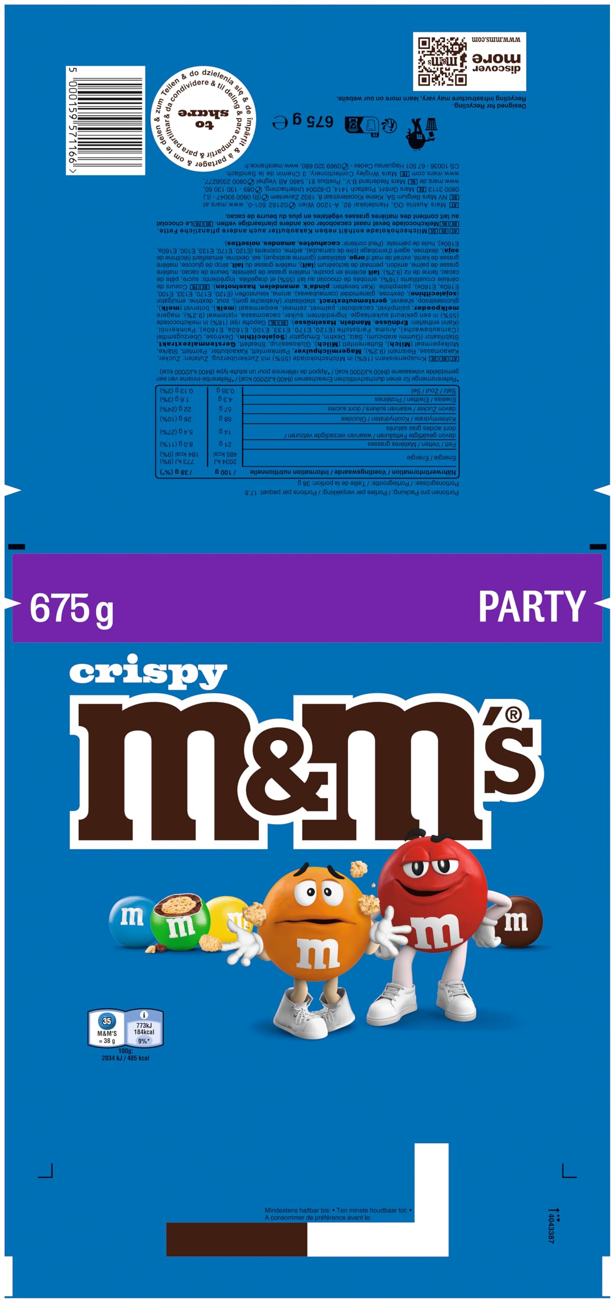 M&M´S Crispy 4x 675g (2700g) Schokolinsen I Knusperreiskern in Milchschokolade mit Zuckerüberzug