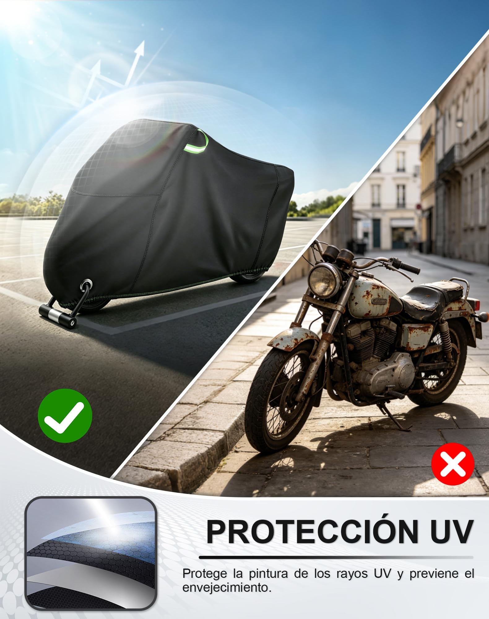 Funda Moto Impermeable 420D Oxford (225cm) - Cubierta Exterior Anti-UV y Viento, con Orificios para Candado e Tiras Reflectantes, per BMW GS, Africa Twin, Tiger (225 * 95 * 125cm)