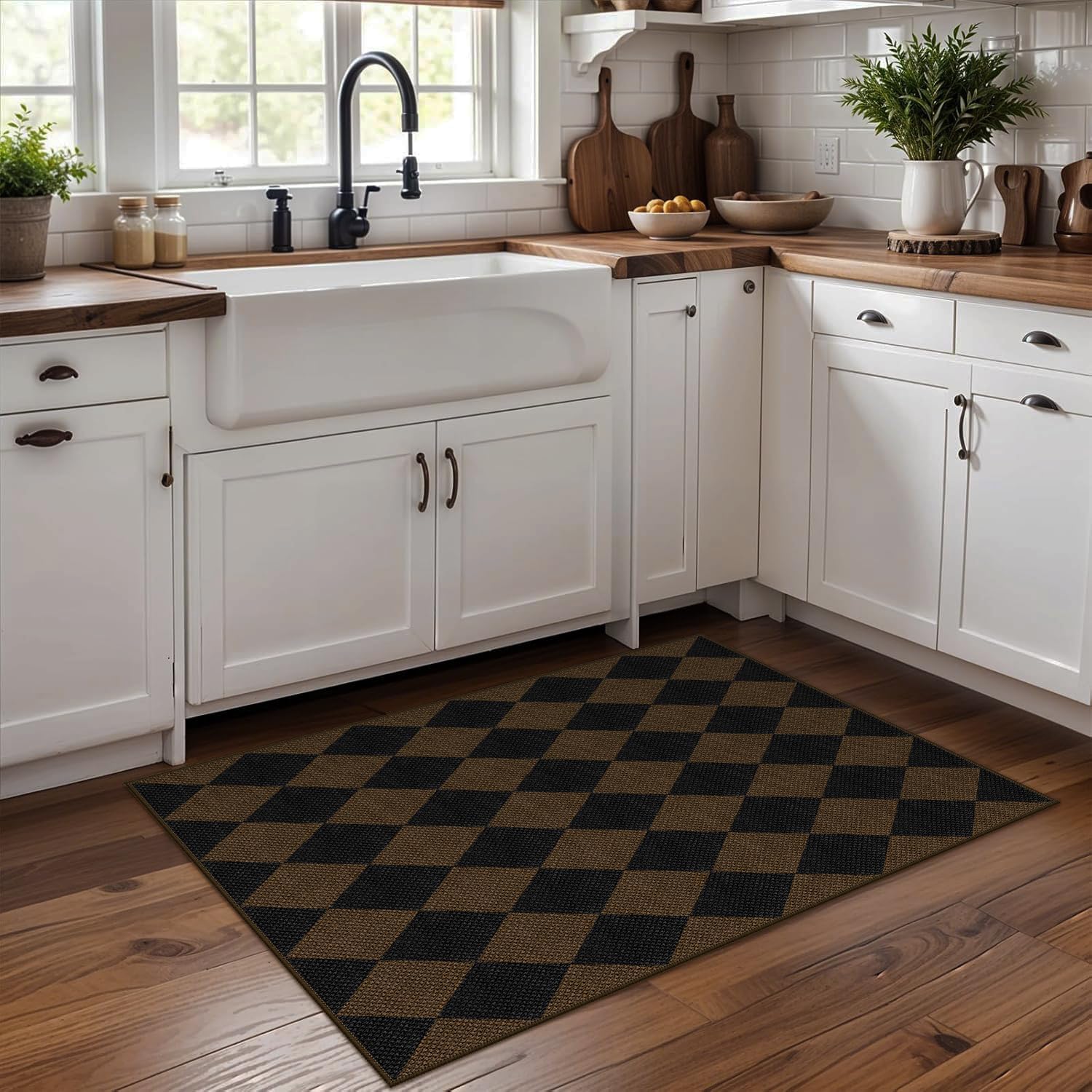 Rugalia Easy Jute Checkered Entryway Rug, 2x3 Coffee Modern Indoor Outdoor Doormat, Washable Non-Slip Neutral Small Kitchen Rug Farmhouse Diamond Throw Rugs for Entrance Bedroom Bathroom