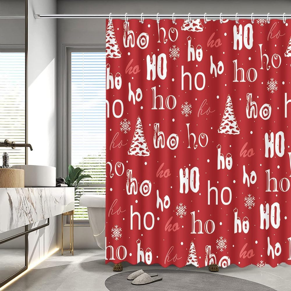 MEHOFOND Winter Christmas Shower Curtains for Bathroom HoHoHo Red Winter Shower