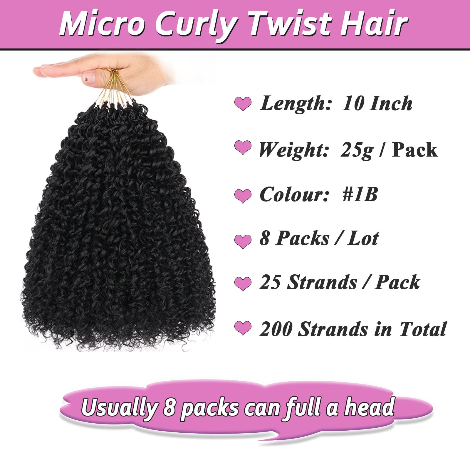 Samtress 10 Inch Pre Looped Micro Curly Twist Crochet Hair Synthetic 8 Packs Black Micro Twists Kinky Curly Hair Yanky Twist Crochet Hair Extensions for Black Women (#1B) - Image 2
