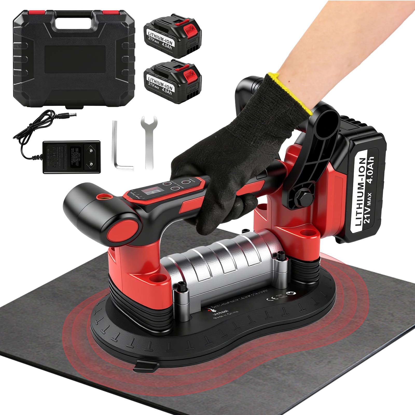 2 in 1 batteria vibrante per piastrelle e ventose con batteria, 200 kg (440 lbs), potenza di aspirazione regolabile a 9 marce, vibratore per piastrelle, vetro, marmo, ventosa 255 x 155 mm