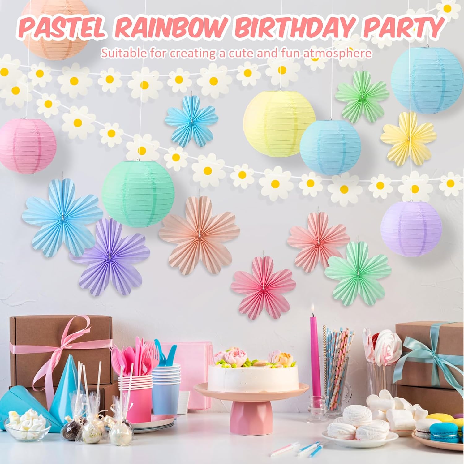 Fuyoooo 23 Pcs Pastel Classroom Decor Kit Spring Party Decorations Pastel Paper Lanterns Paper Flowers Fans Daisy Banner for Spring Birthday Wall Baby Shower Wedding Party Classroom Decorations