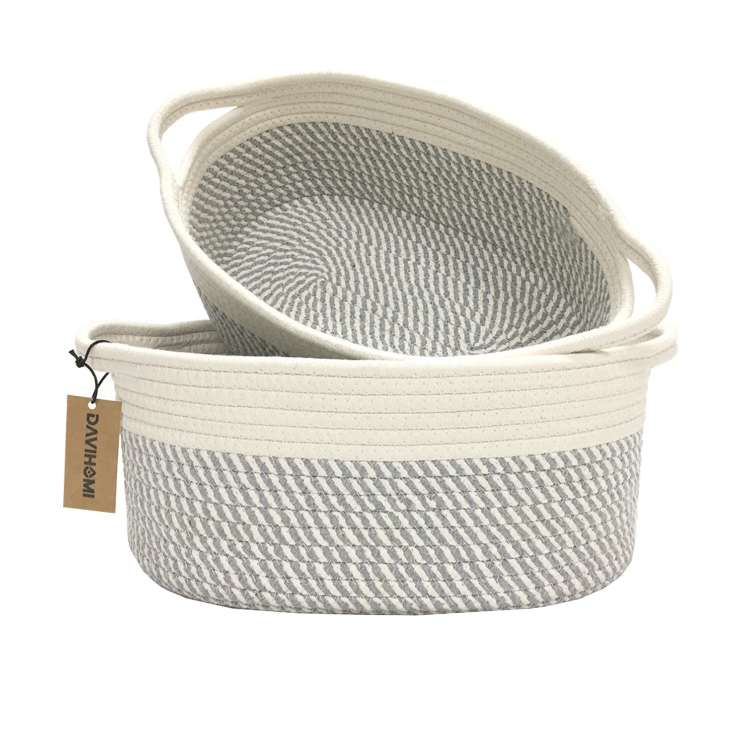 DAVIHOMI 2PACK Medium Oval Decorative Storage Basket Set for Organizing|Nursery, Bedroom, Gift (White Grey)
