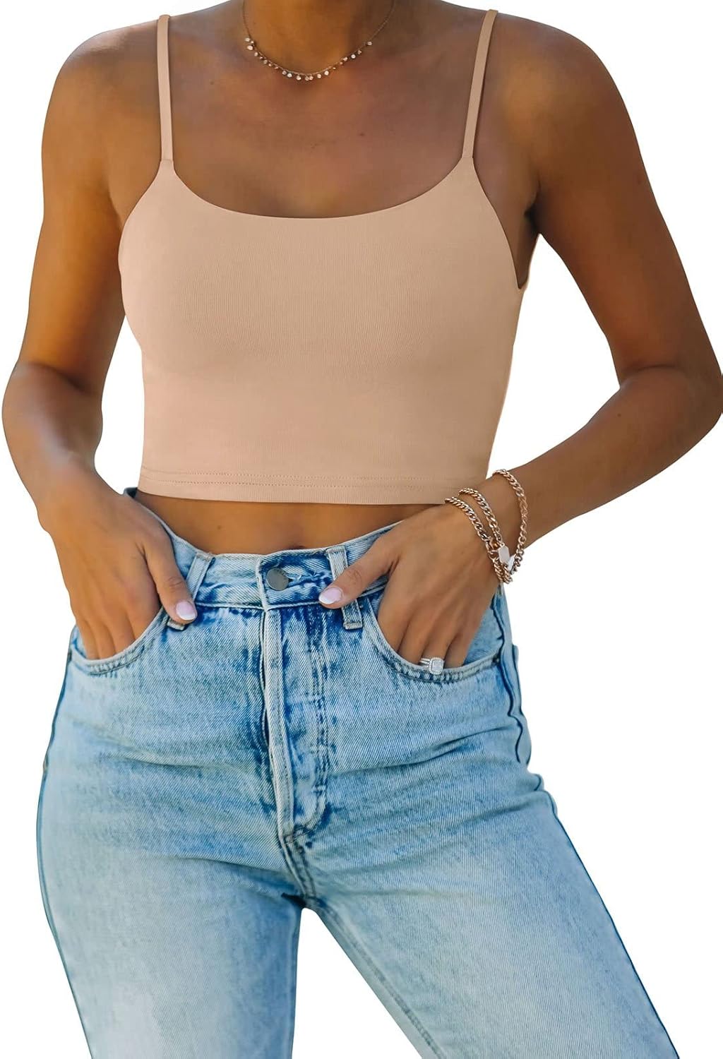 REORIA Women's Sexy Adjustable Spaghetti Strap Double Lined Seamless Camisole Tank Yoga Crop Tops