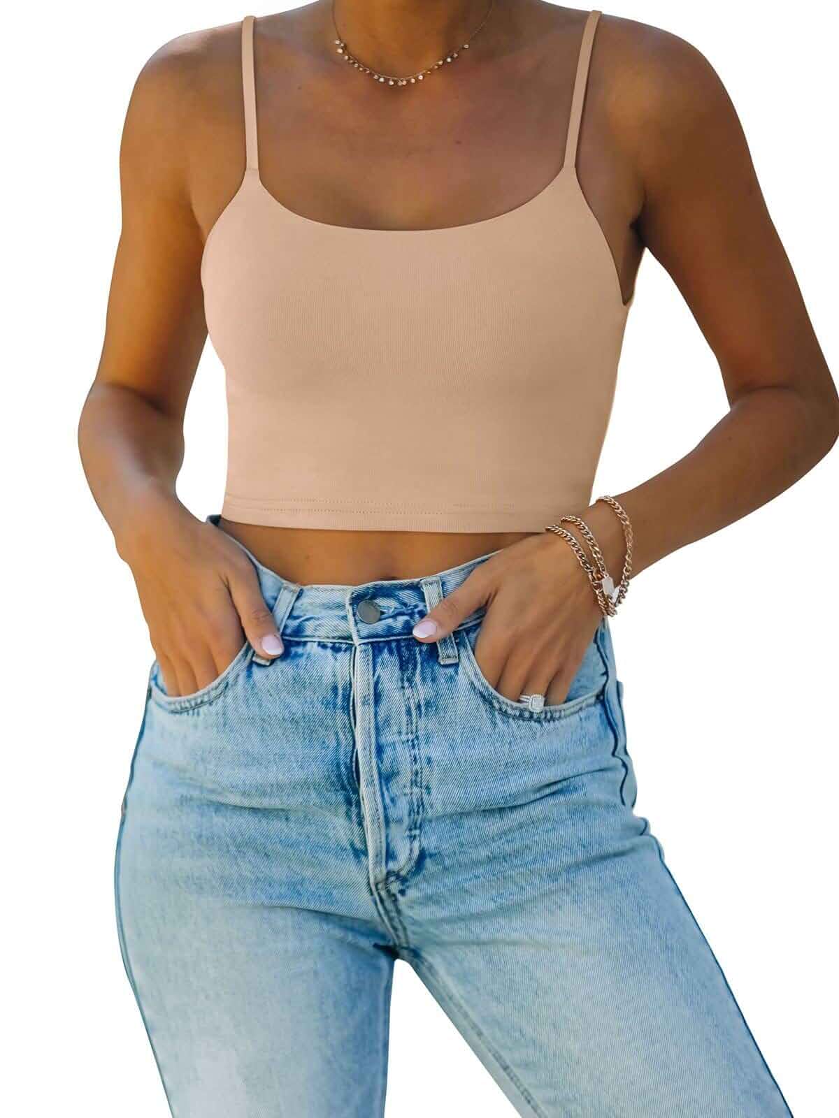 REORIA Women's Sexy Adjustable Spaghetti Strap Double Lined Seamless Camisole Tank Yoga Crop Tops Sleeveless · Fitted