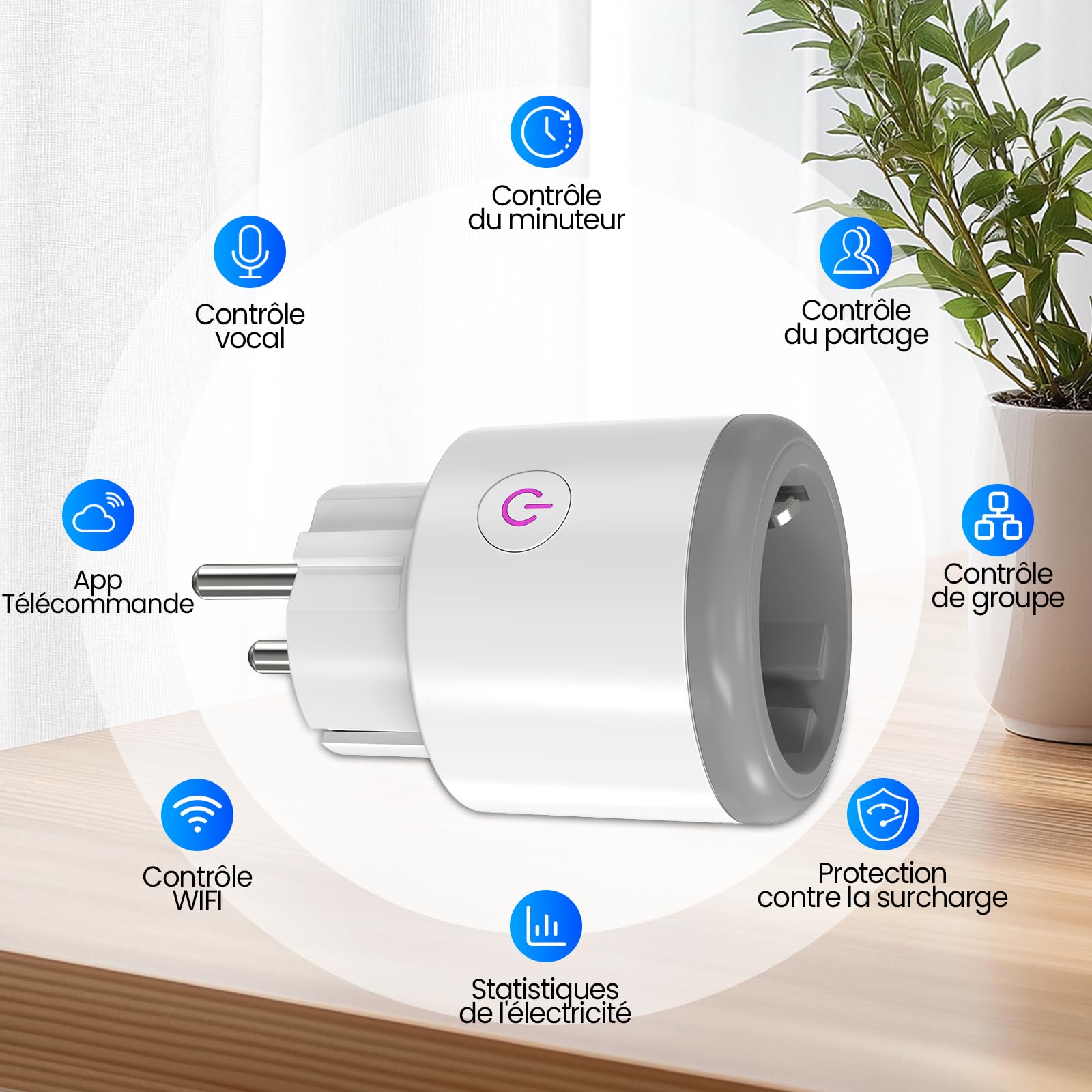 Prise Connectée (Type F) 16A WiFi Intelligente avec Suivi de consommation Télécommande Commande Vocale Fonction de Temps 2,4 GHz Prise Intelligente Compatible avec Alexa et Google Home